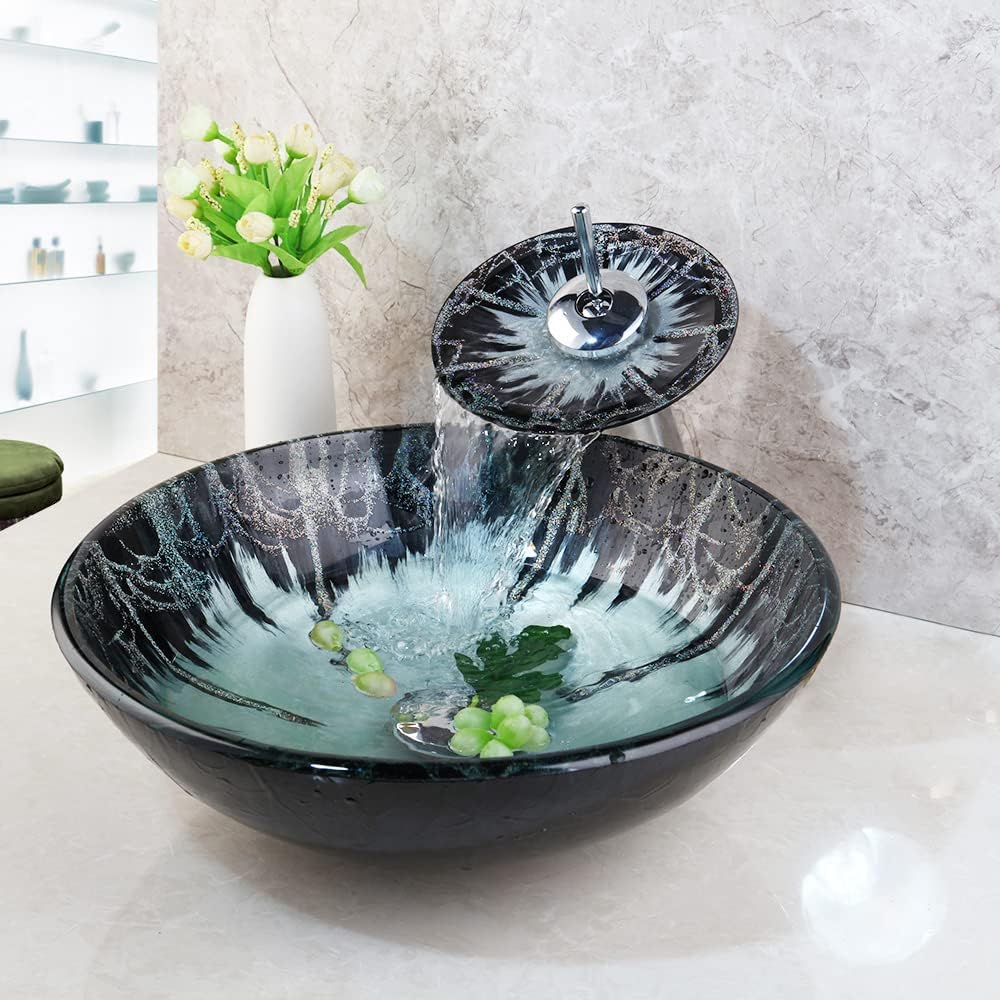 Bathroom Sink Shining Glass Vessel Sink with Waterfall Faucet and Drain Combo,Round Bowl Sink Bathroom Tempered Glass Vessel Sink Above Counter