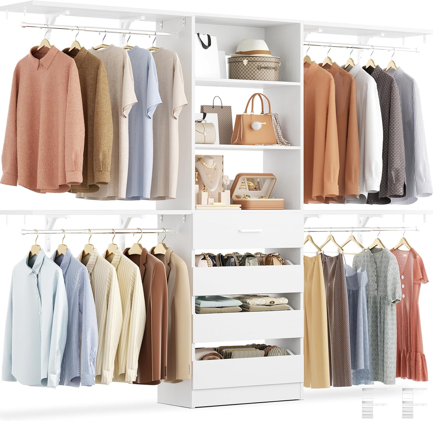 Aheaplus 8FT Closet System with 4 Drawers & Shelves, White