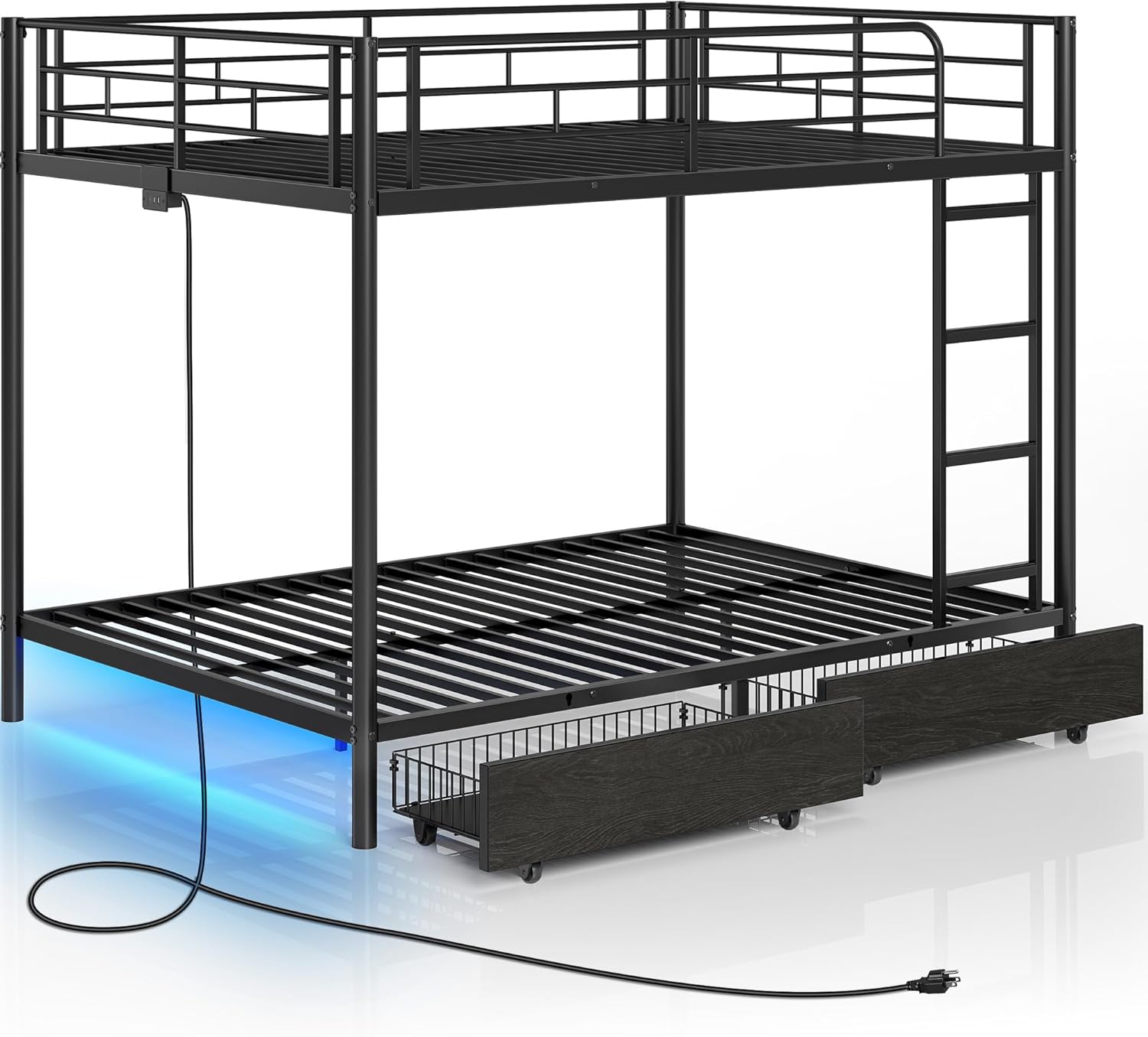 Rolanstar Full Over Full Metal Bunk Bed with USB & LED, Black