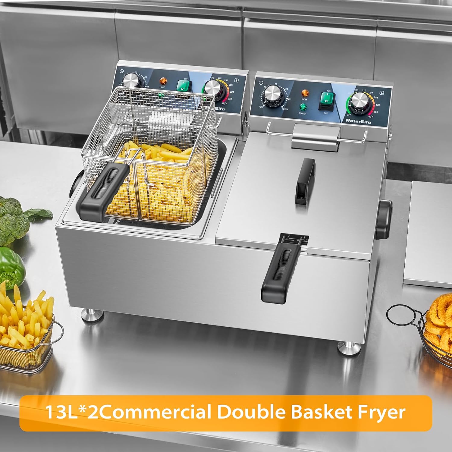 Commercial Deep Fryer Double Basket 13Lx2 1800W Timer Control
