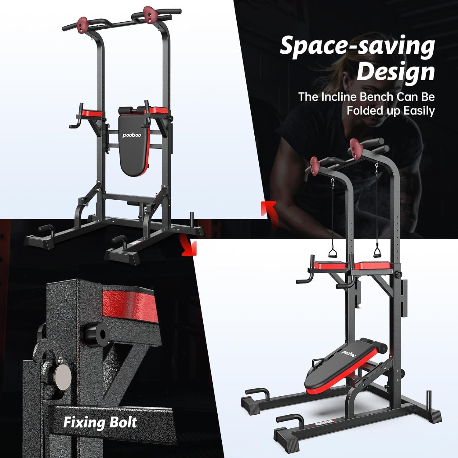 Pooboo Power Tower Dip Station, Pull-Up Bar, Supine Board, Adjustable
