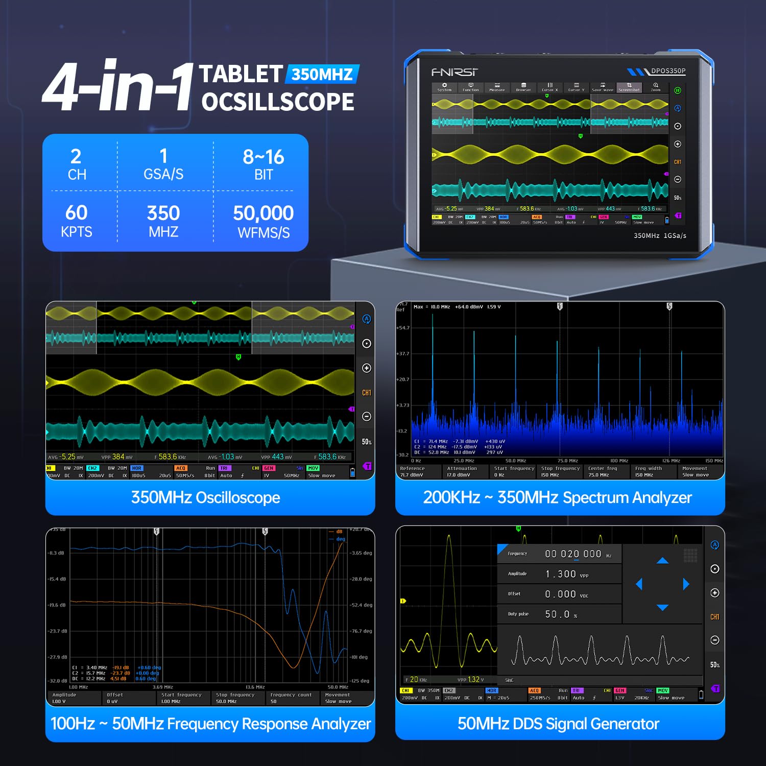 FNIRSI DPOS350P Tablet Oscilloscope, 350MHz, 7
