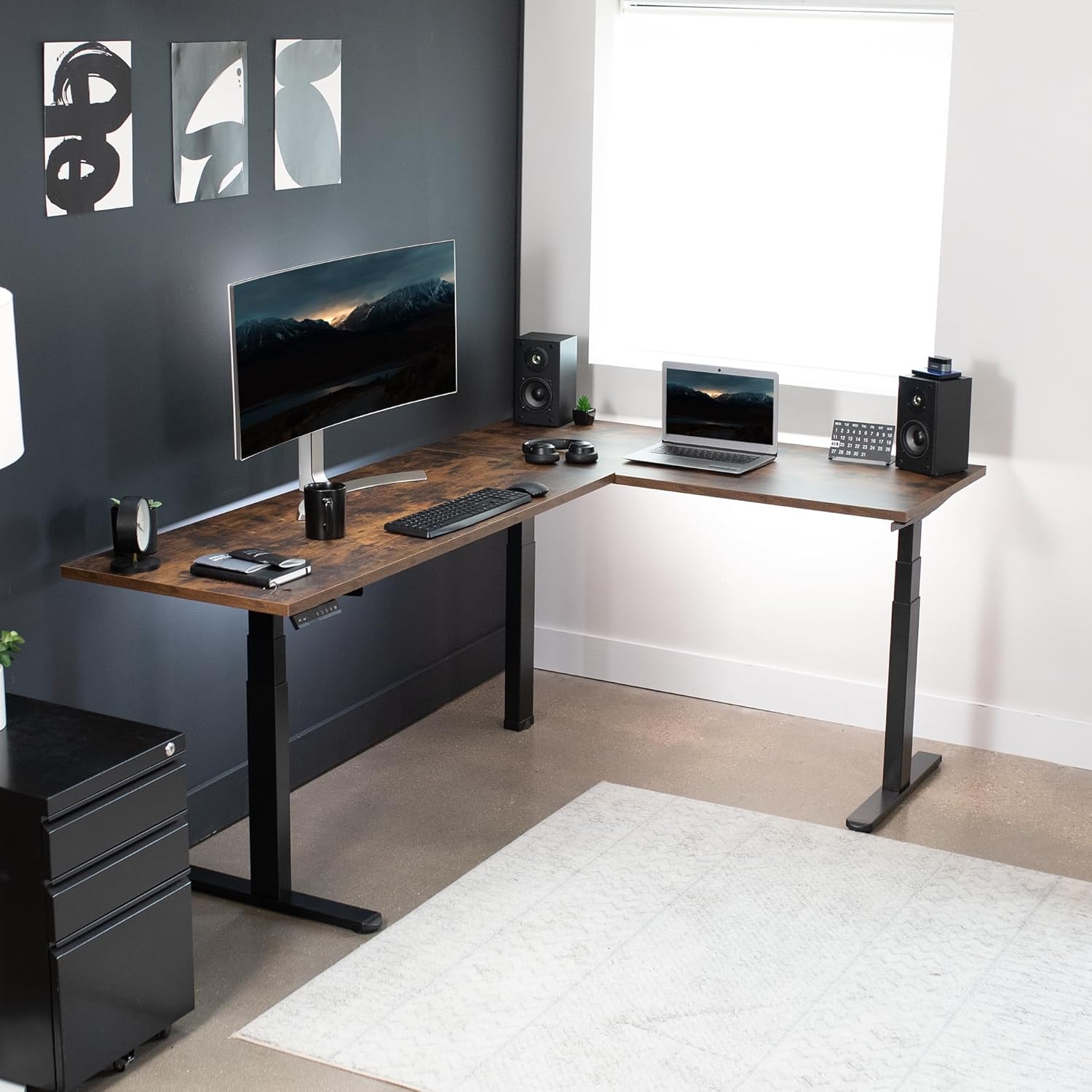 VIVO Triple Motor Height Adjustable L-Shaped Desk Frame, 300lbs, Black