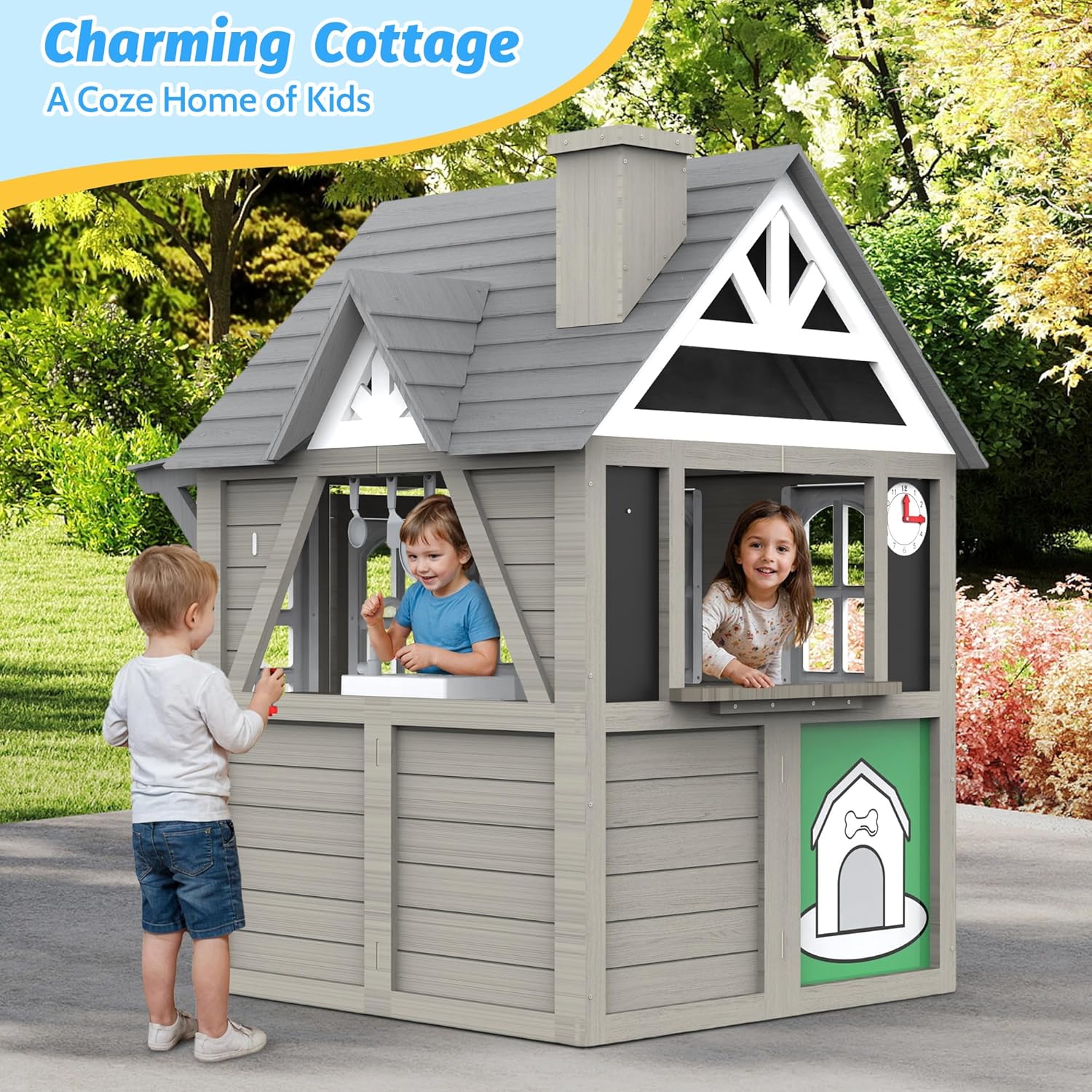 Kids Wooden Outdoor Playhouse with Kitchen & Accessories, Ages 3–8