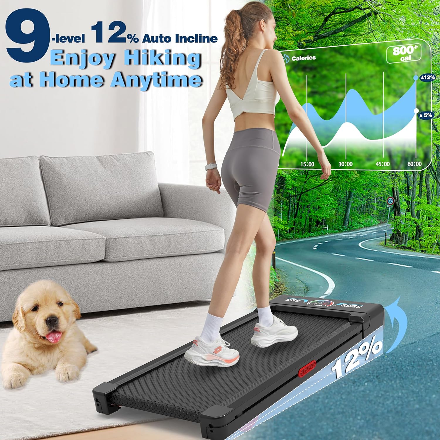 Walking Pad Treadmill 12% Incline 450lbs RGB LED Bluetooth