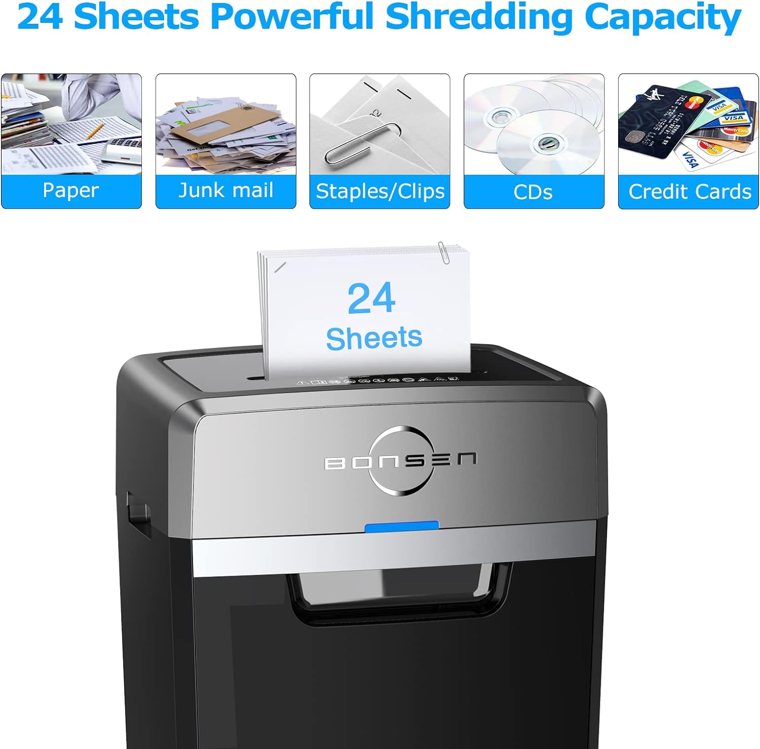 BONSEN 24-Sheet Cross-Cut Paper Shredder, 40 Min, P-4, 9 Gal