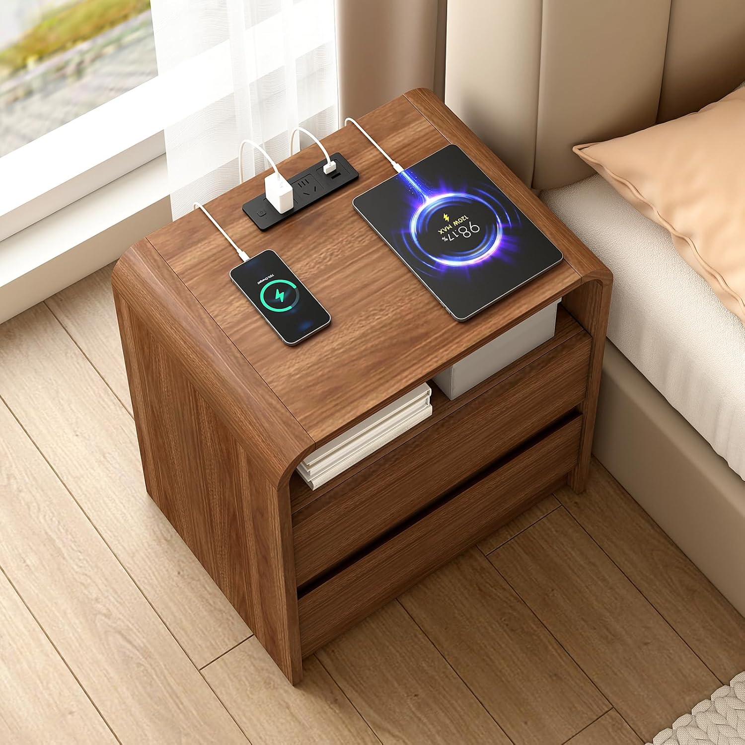 Modern Nightstand with Charging Station, 23.6