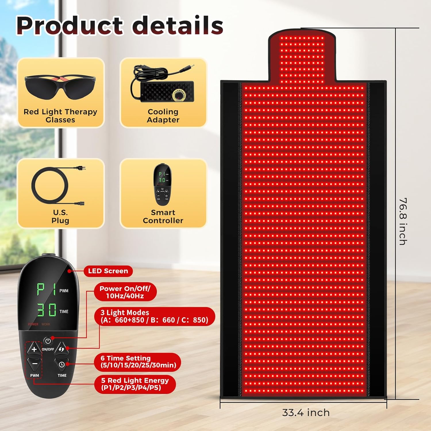 Full Body Red Light Therapy Mat, 1370 LEDs, Leather, Adjustable Timer