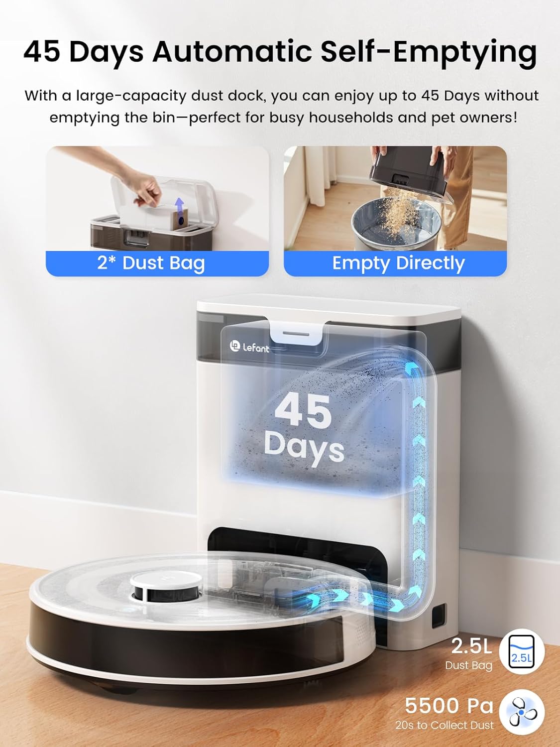 Lefant M2 Pro LiDAR Robot Vacuum & Mop, 45-Day Self-Empty, 5500Pa