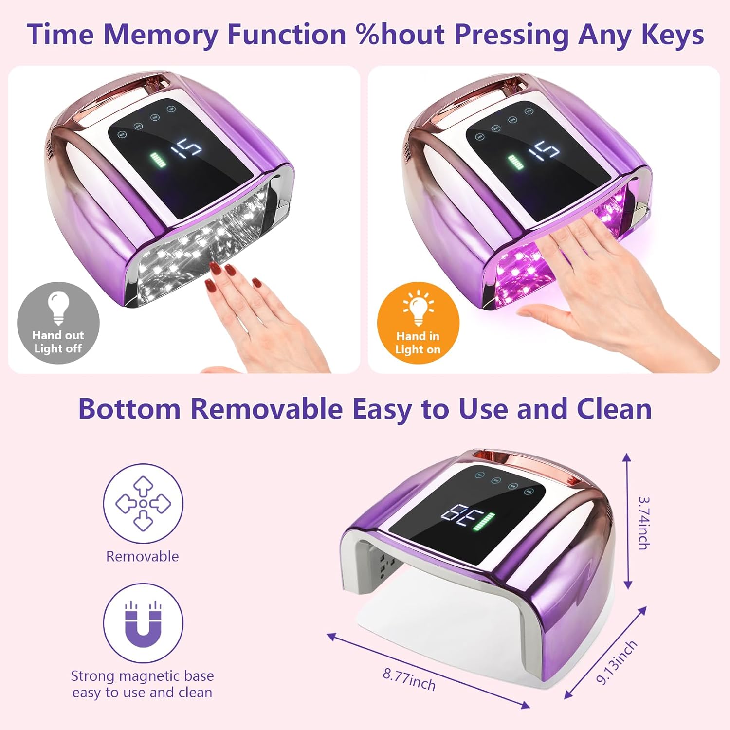 96W Rechargeable UV LED Nail Lamp, Cordless, Purple & Pink
