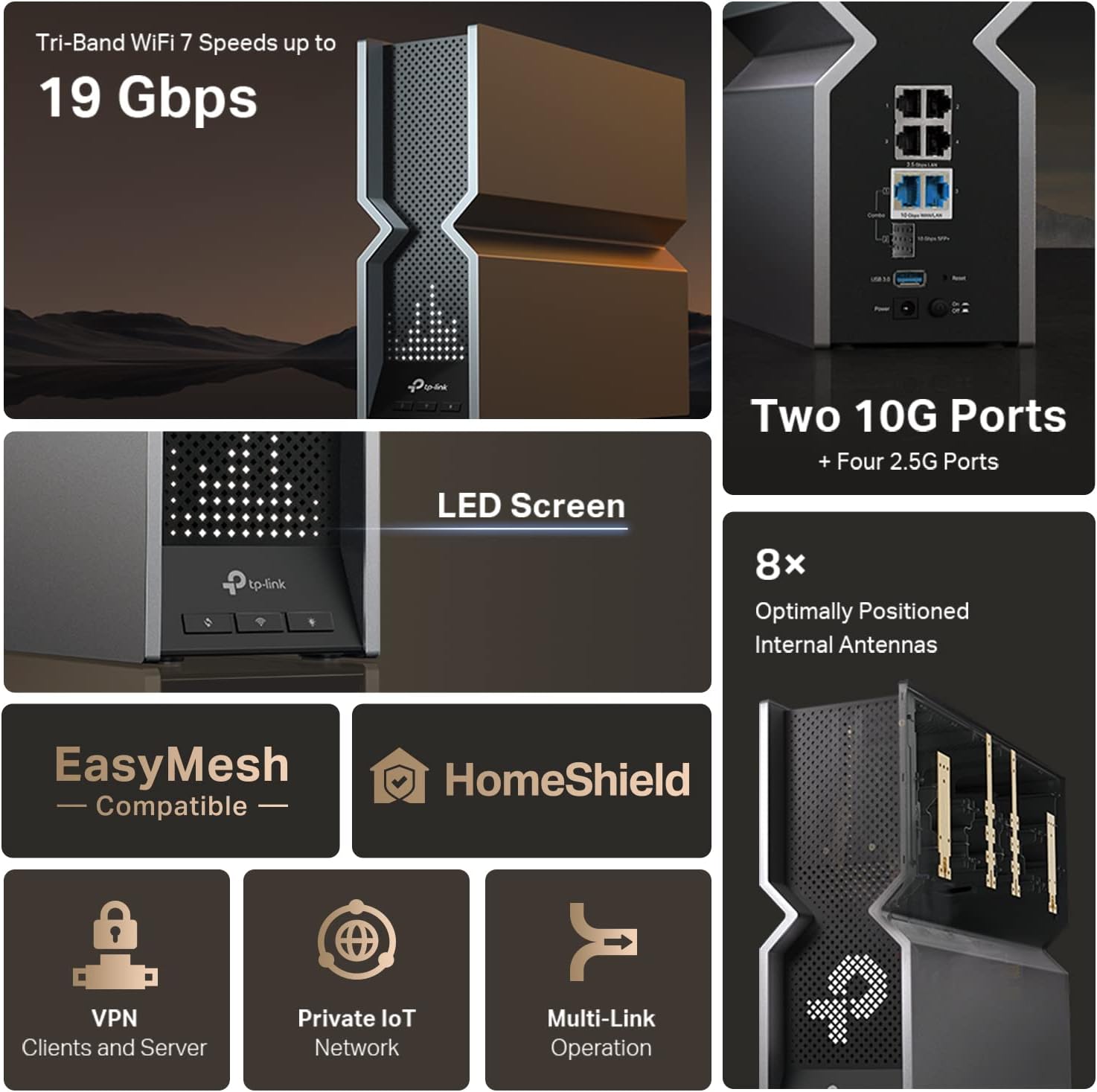 TP-Link BE800 WiFi 7 Router, Tri-Band, 19Gbps, LED Display
