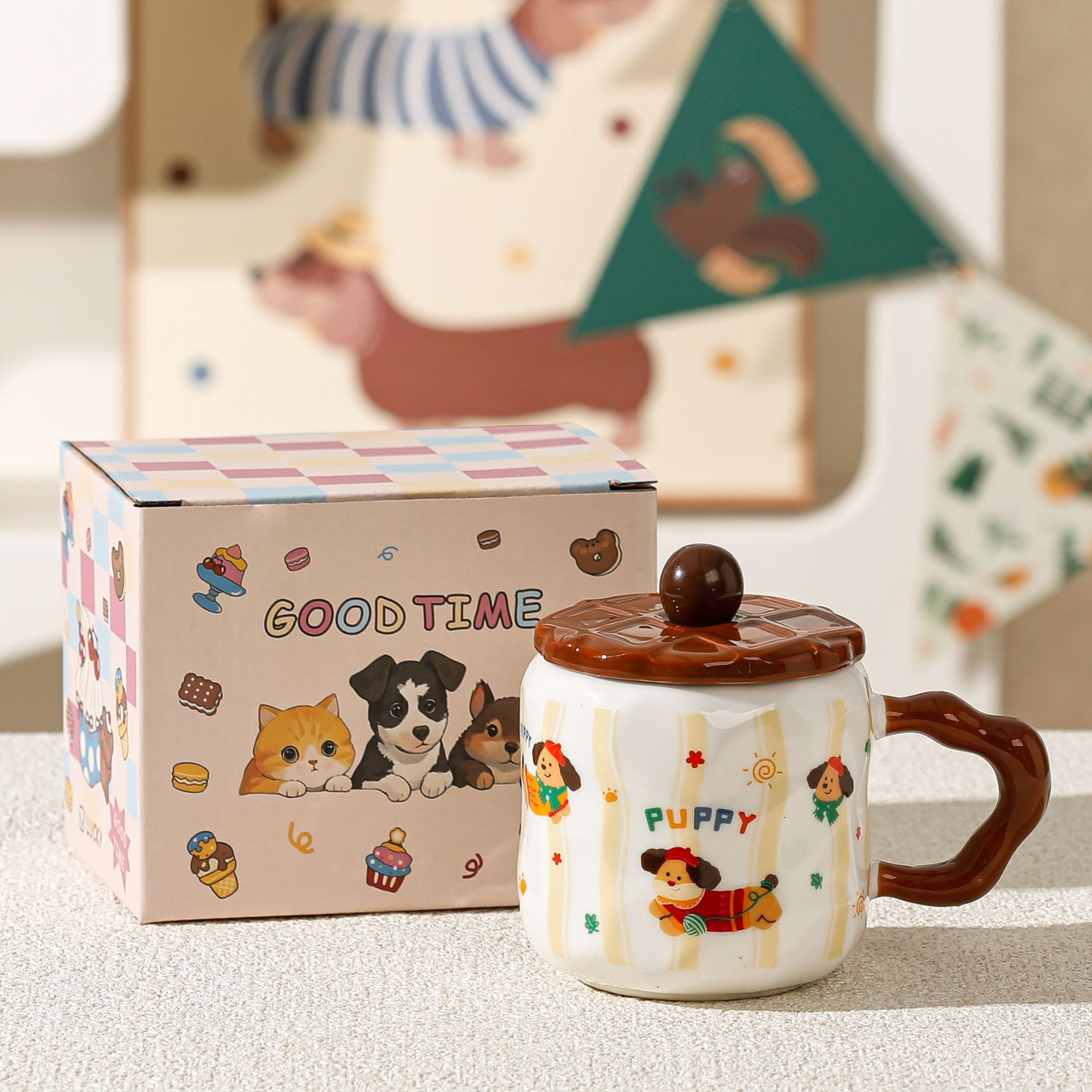 Puppy Pattern Ceramic Mug with Lid
