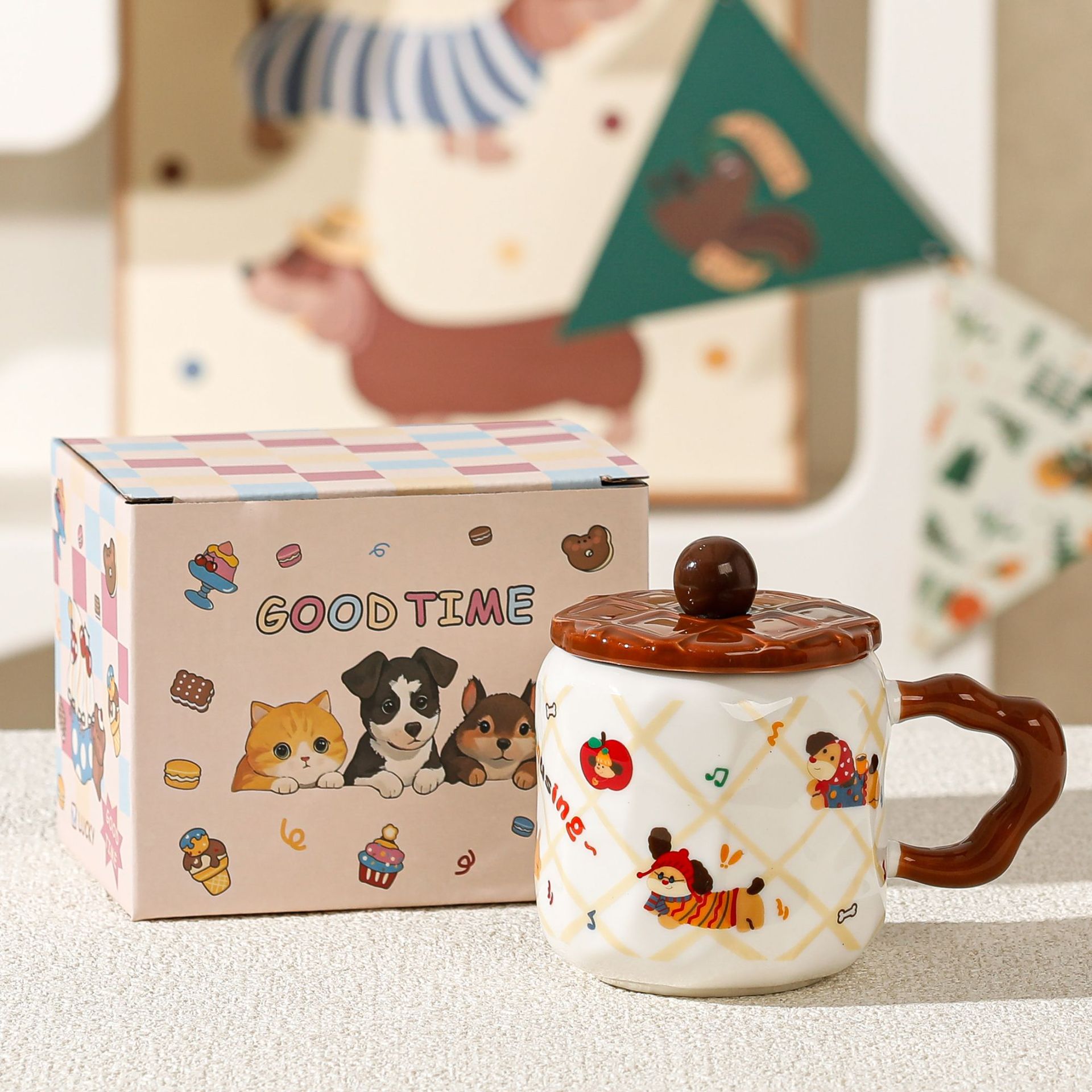 Puppy Pattern Ceramic Mug with Lid
