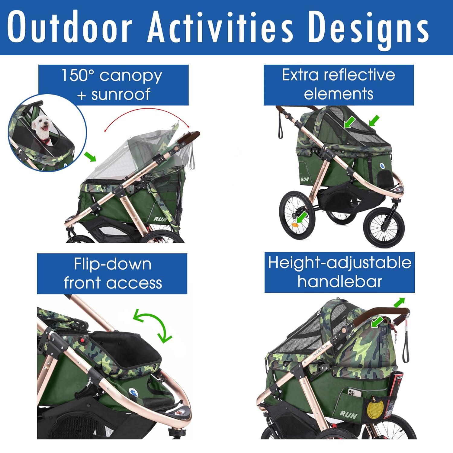 Jogging Sports Stroller with Comfort Rubber Wheels/Zipper-Less Entry/1-Hand Quick Fold/Aluminum Frame for Small/Medium Dogs, Cats and Pets (Green Camo)