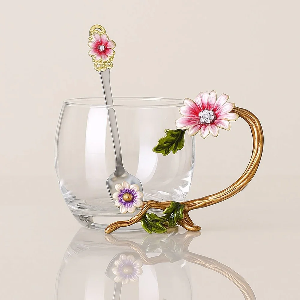 Sophia Enamel Glass Tea Cup – Hand-Painted Crystal Glass