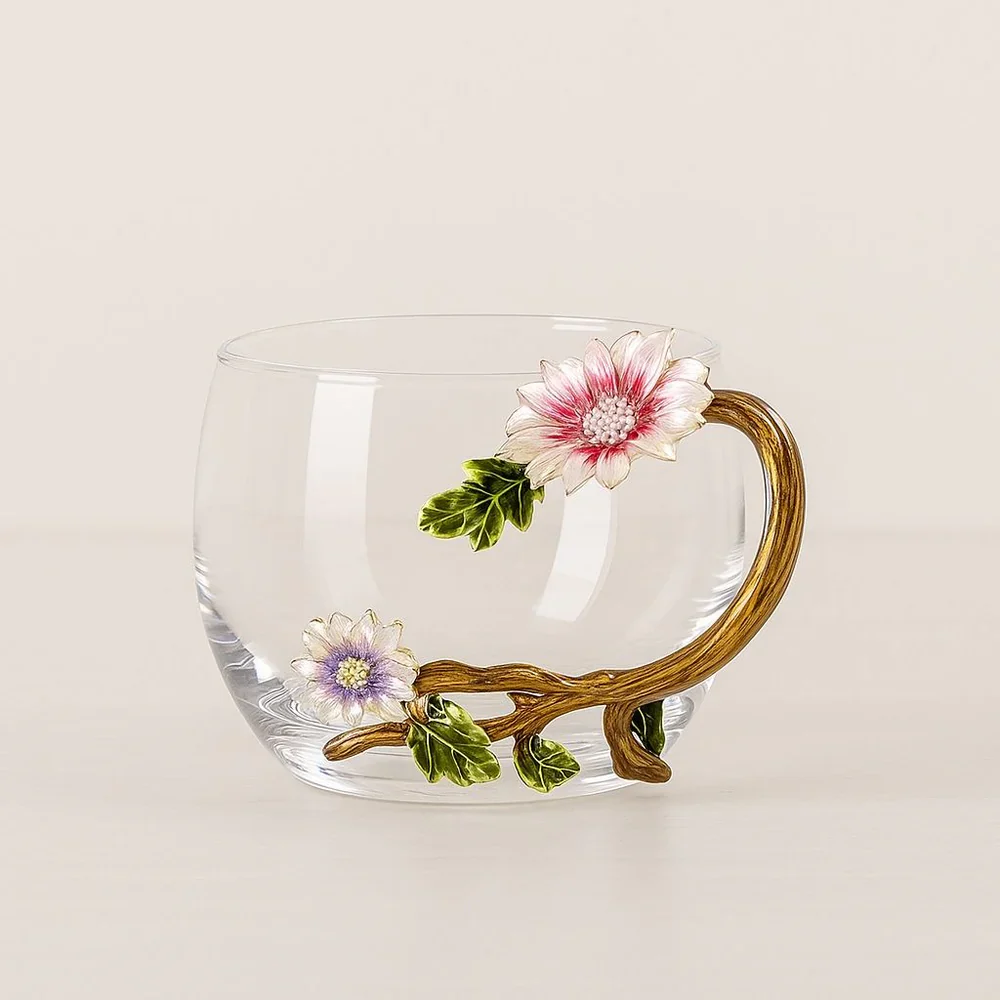 Sophia Enamel Glass Tea Cup – Hand-Painted Crystal Glass