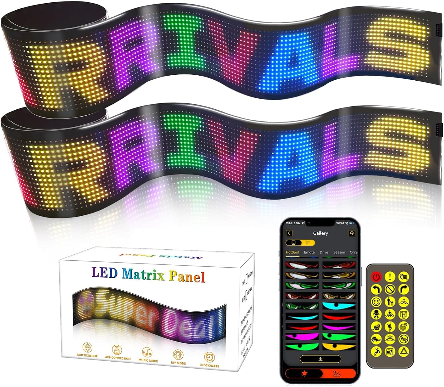 DIY Car Dynamic Led Smart Colorful Eye Lamp Soft Screen, Large Programmable Flexible LED Screen, Windshield Eyes Animated LED for Truck(2 Pack,G 69.37 * 7.56in/176.2cm)