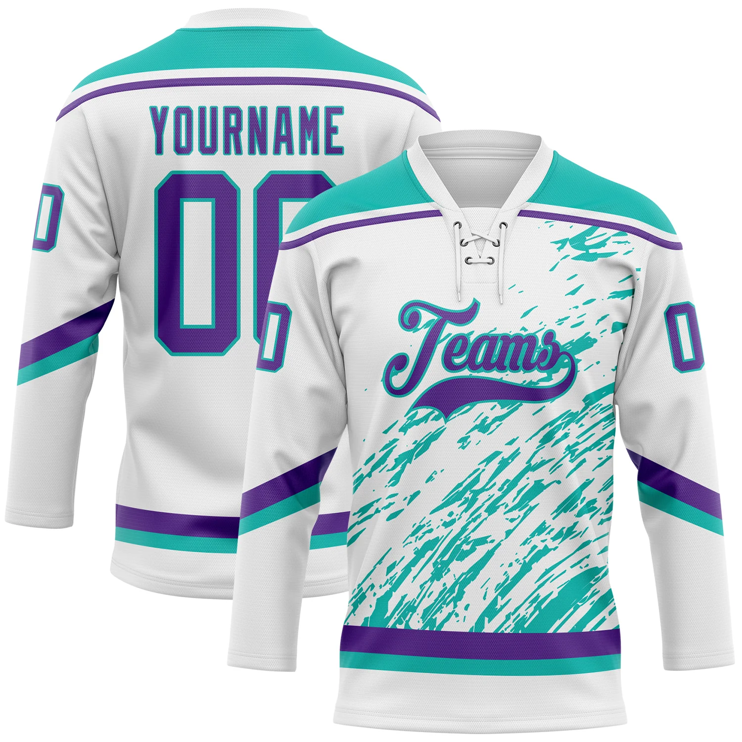 Custom White Purple-Aqua 3D Splash Art Hockey Lace Neck Jersey