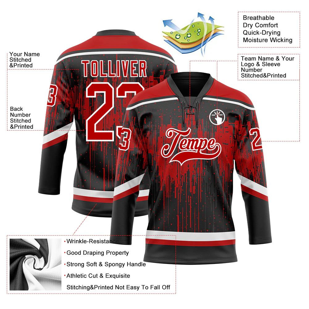 Custom Black Red Steel Gray-White 3D Pattern Dripping Splatter Hockey Lace Neck Jersey