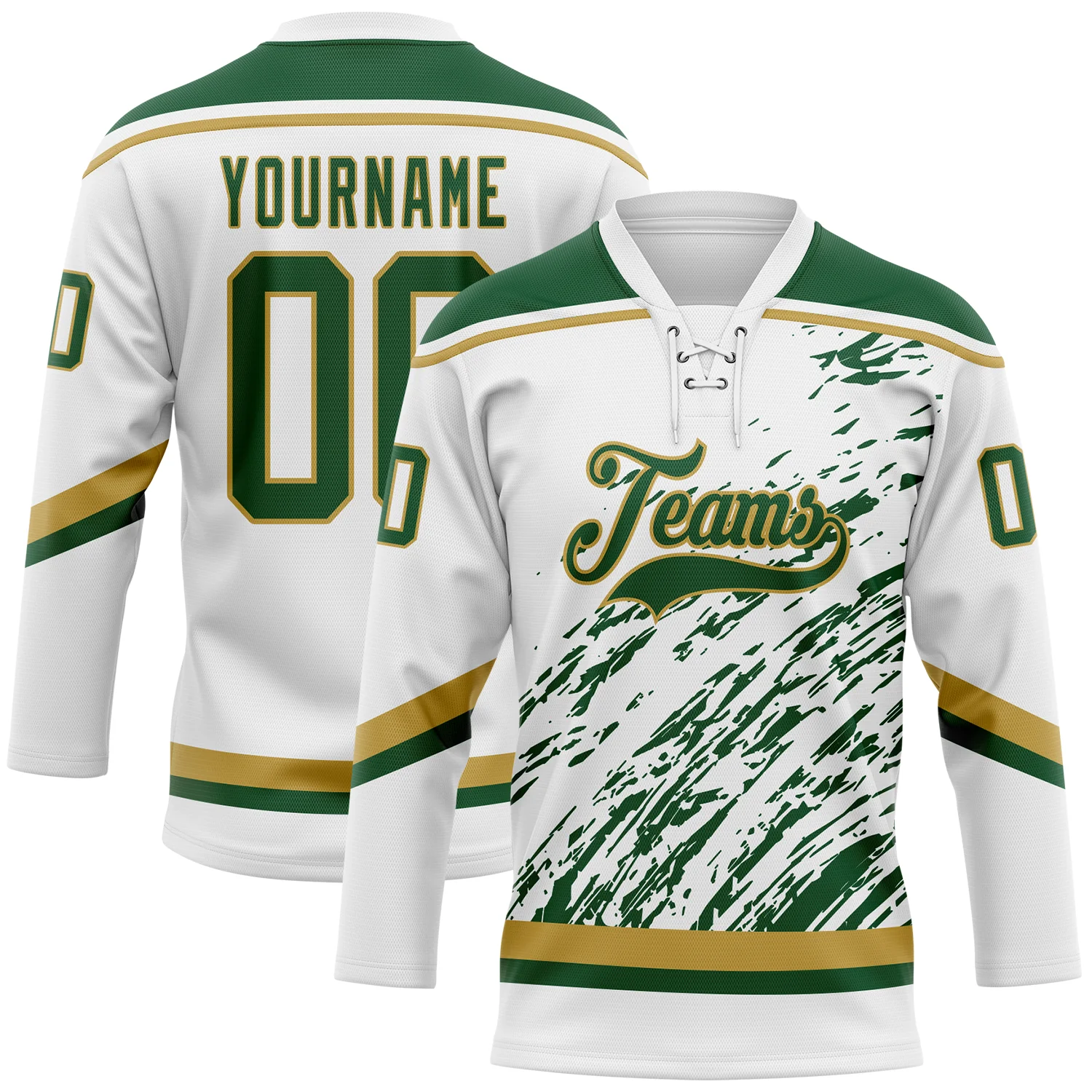 Custom White Green-Old Gold 3D Splash Art Hockey Lace Neck Jersey
