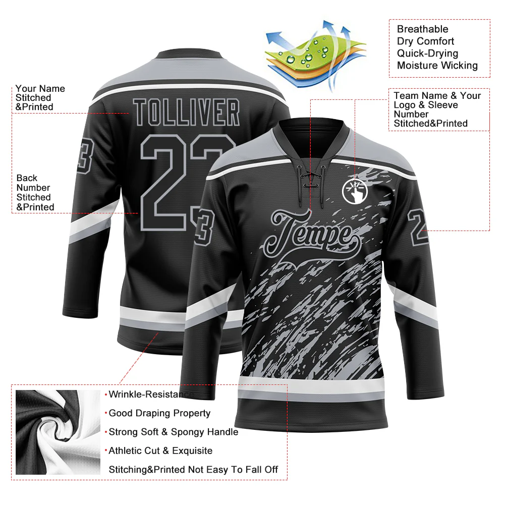 Custom Black Gray-White 3D Splash Art Hockey Lace Neck Jersey