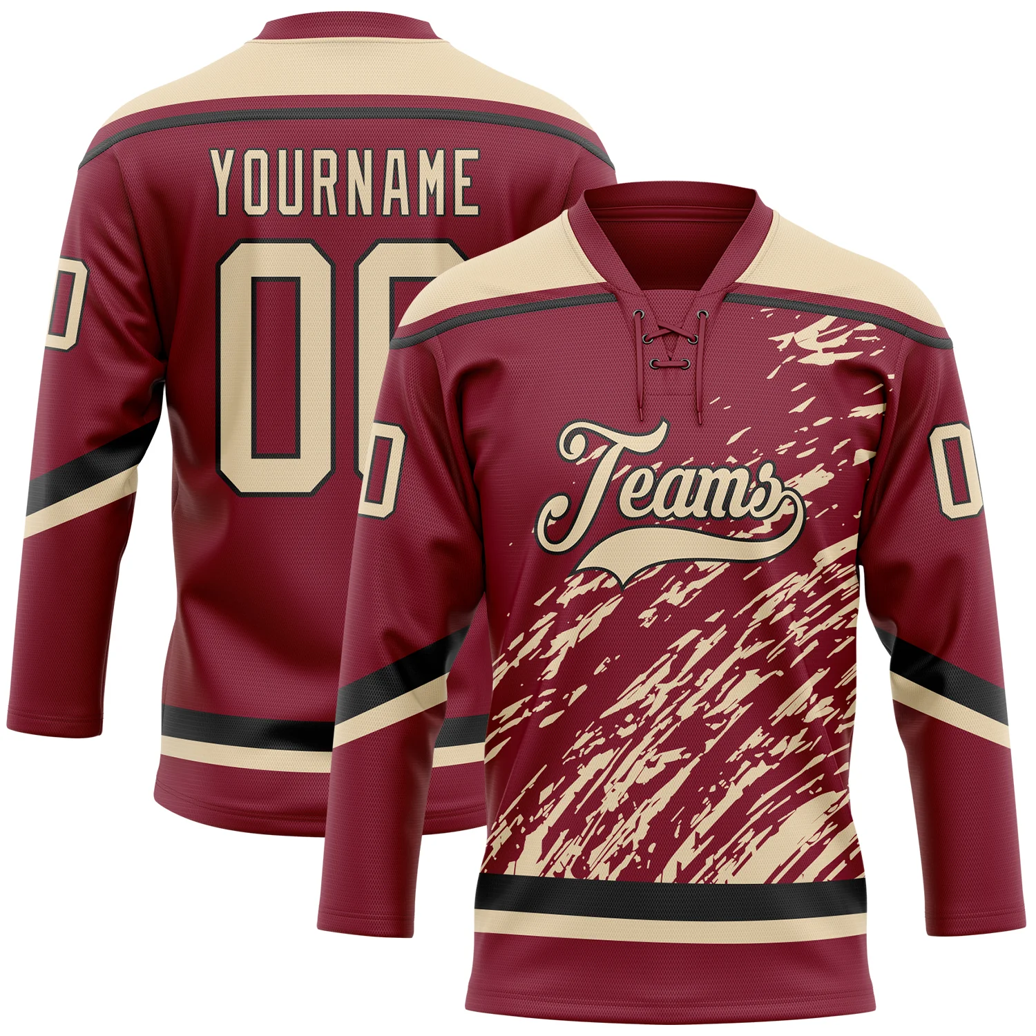 Custom Crimson City Cream-Black 3D Splash Art Hockey Lace Neck Jersey