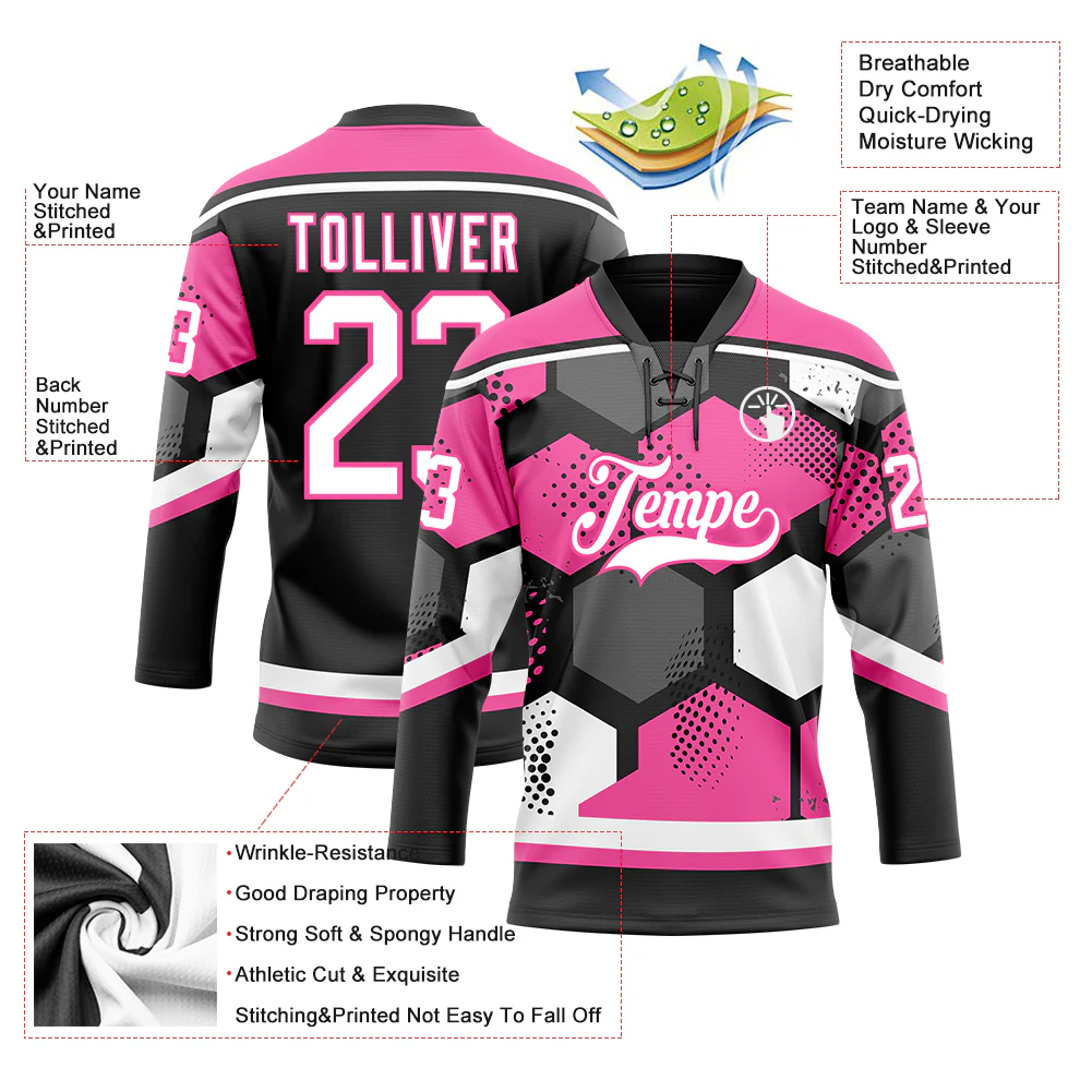 Custom Pink White-Black 3D Pattern Geometric Shape Hockey Lace Neck Jersey