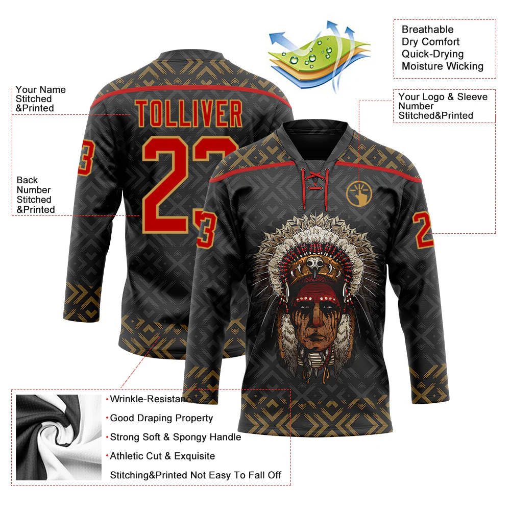 Custom Black Red-Old Gold 3D Pattern Native Americans Tribal Indigenous People Hockey Lace Neck Jersey
