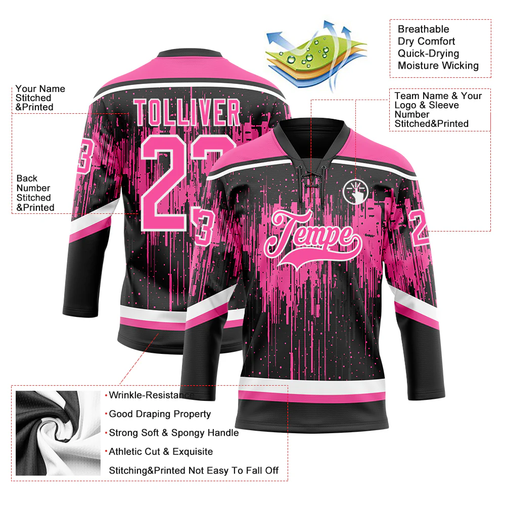 Custom Black Pink Steel Gray-White 3D Pattern Dripping Splatter Hockey Lace Neck Jersey