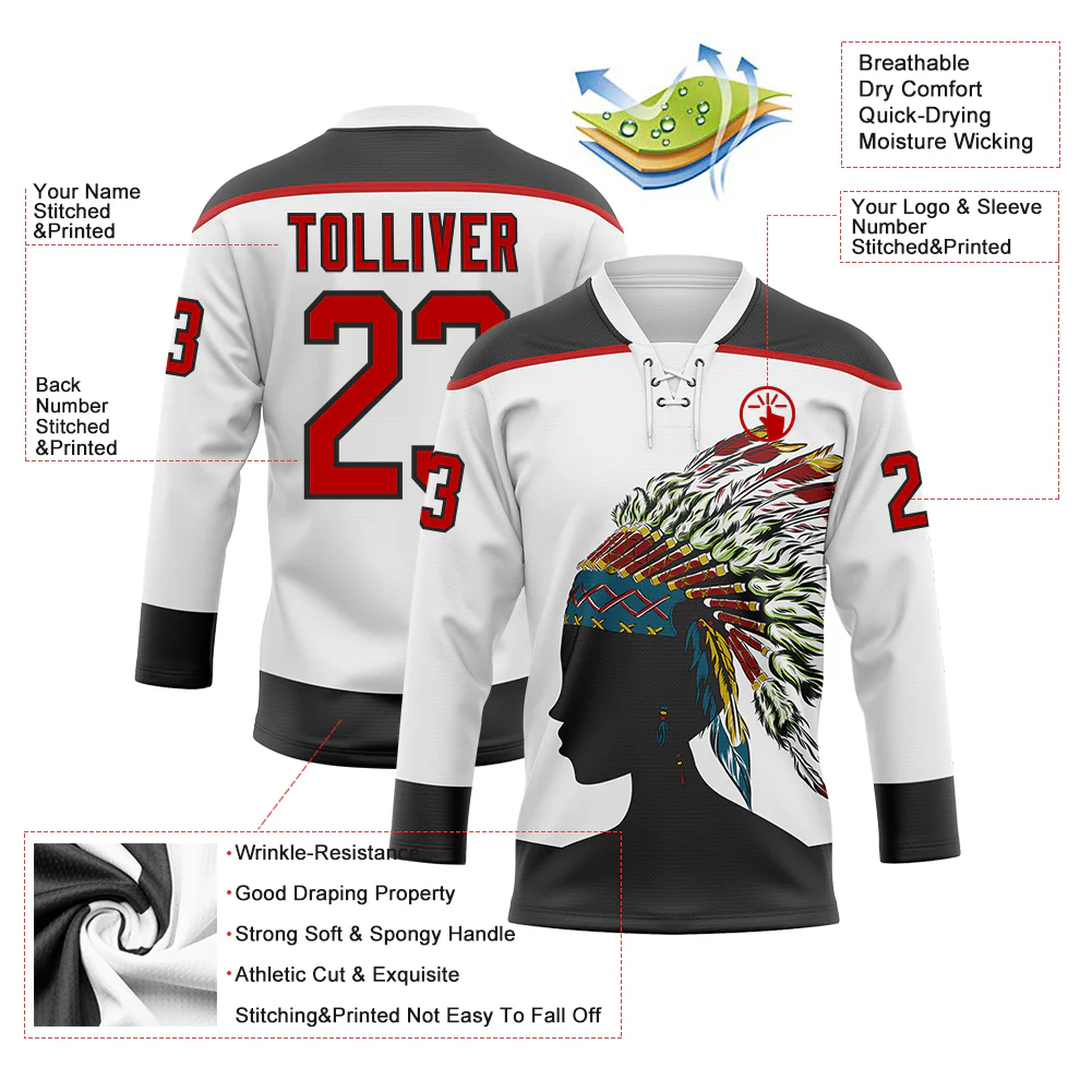 Custom White Red-Black 3D Pattern Native Americans Tribal Indigenous People Hockey Lace Neck Jersey