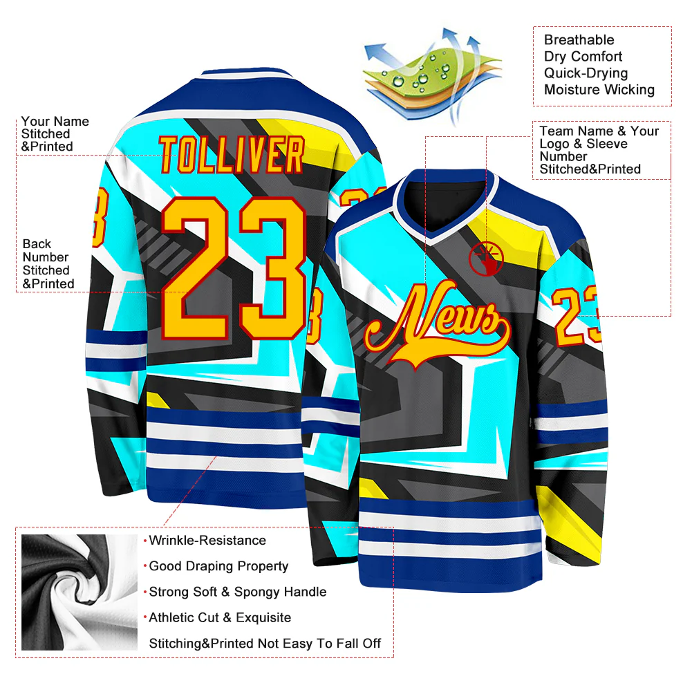 Custom Black Yellow Blue Royal Red-White 3D Pattern Cyber Mecha E-sport Hockey Jersey