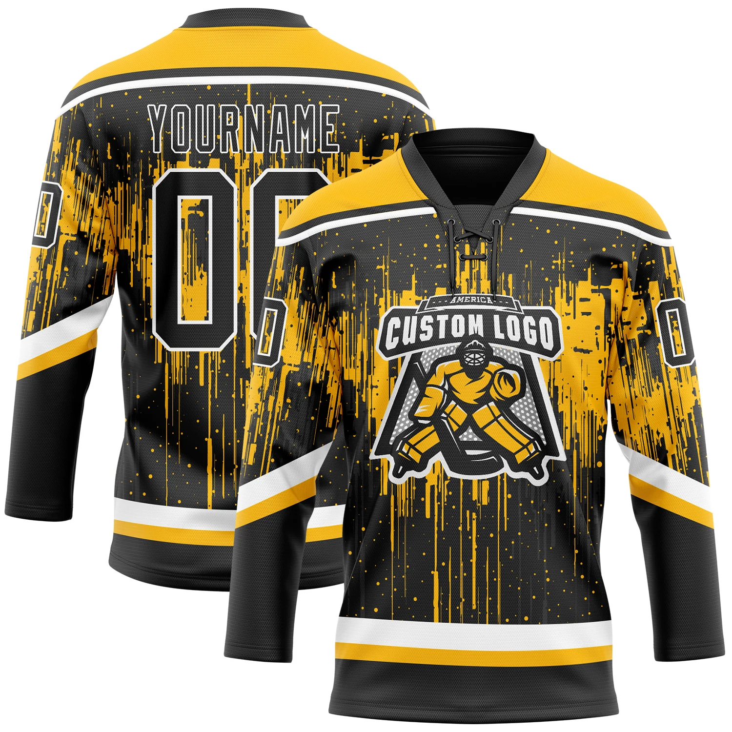 Custom Black Gold Steel Gray-White 3D Pattern Dripping Splatter Hockey Lace Neck Jersey