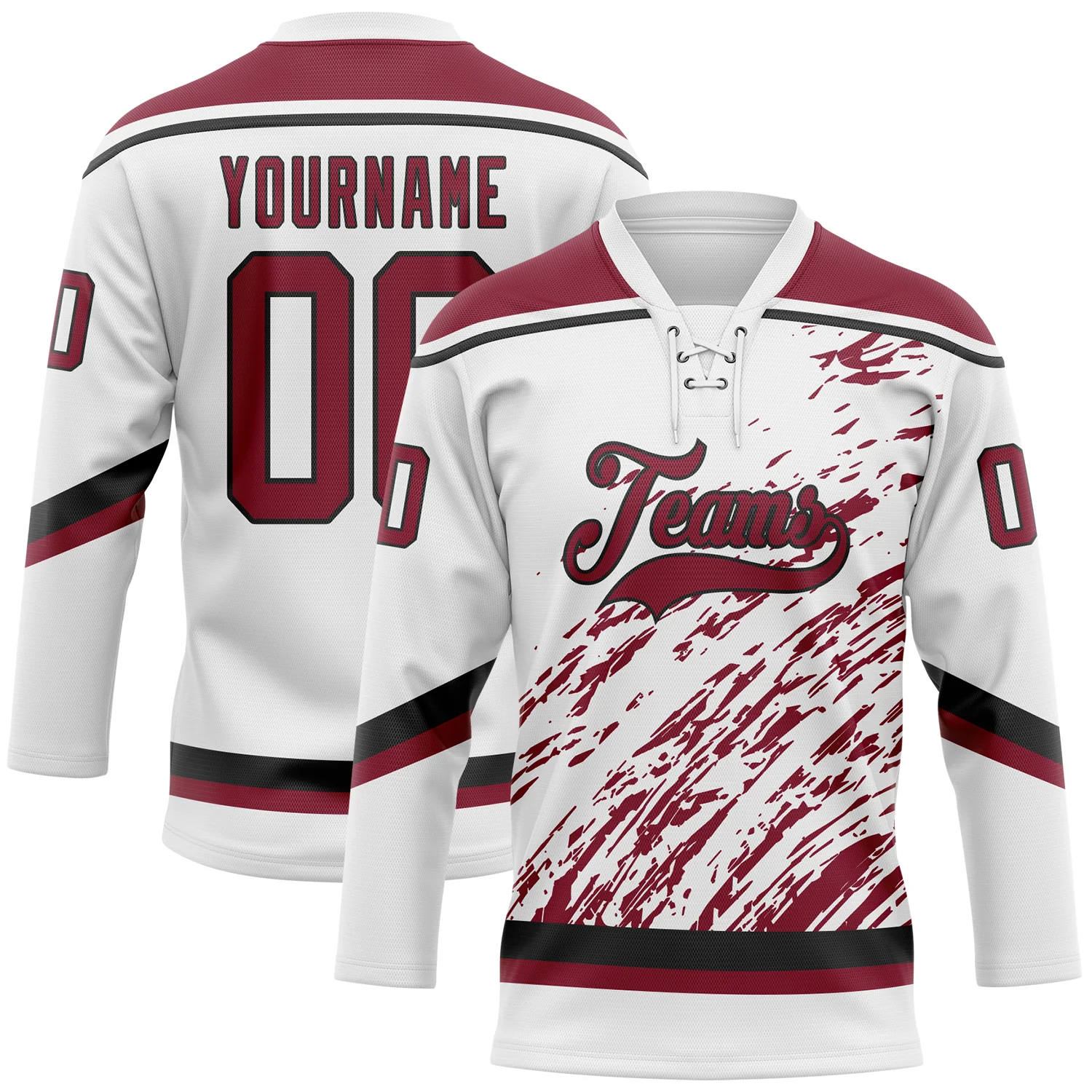 Custom White Crimson-Black 3D Splash Art Hockey Lace Neck Jersey