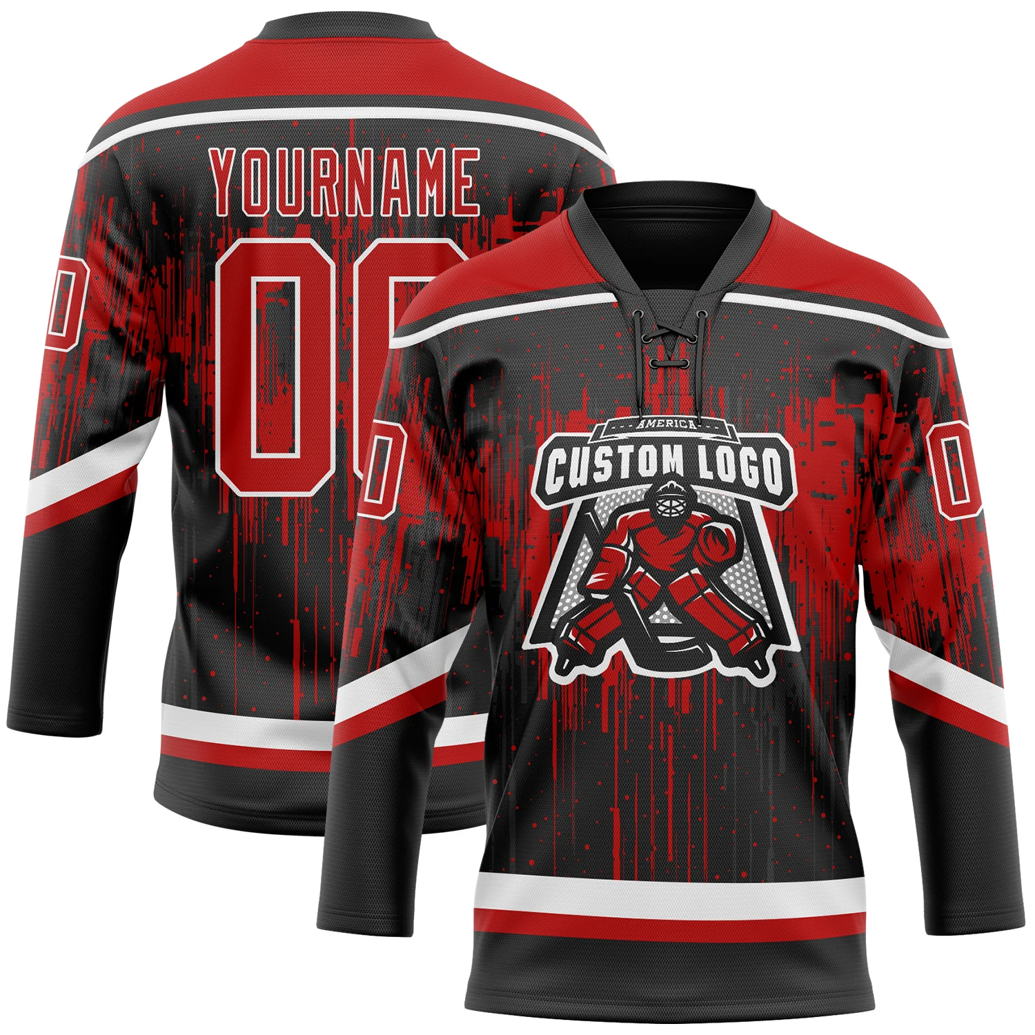 Custom Black Red Steel Gray-White 3D Pattern Dripping Splatter Hockey Lace Neck Jersey