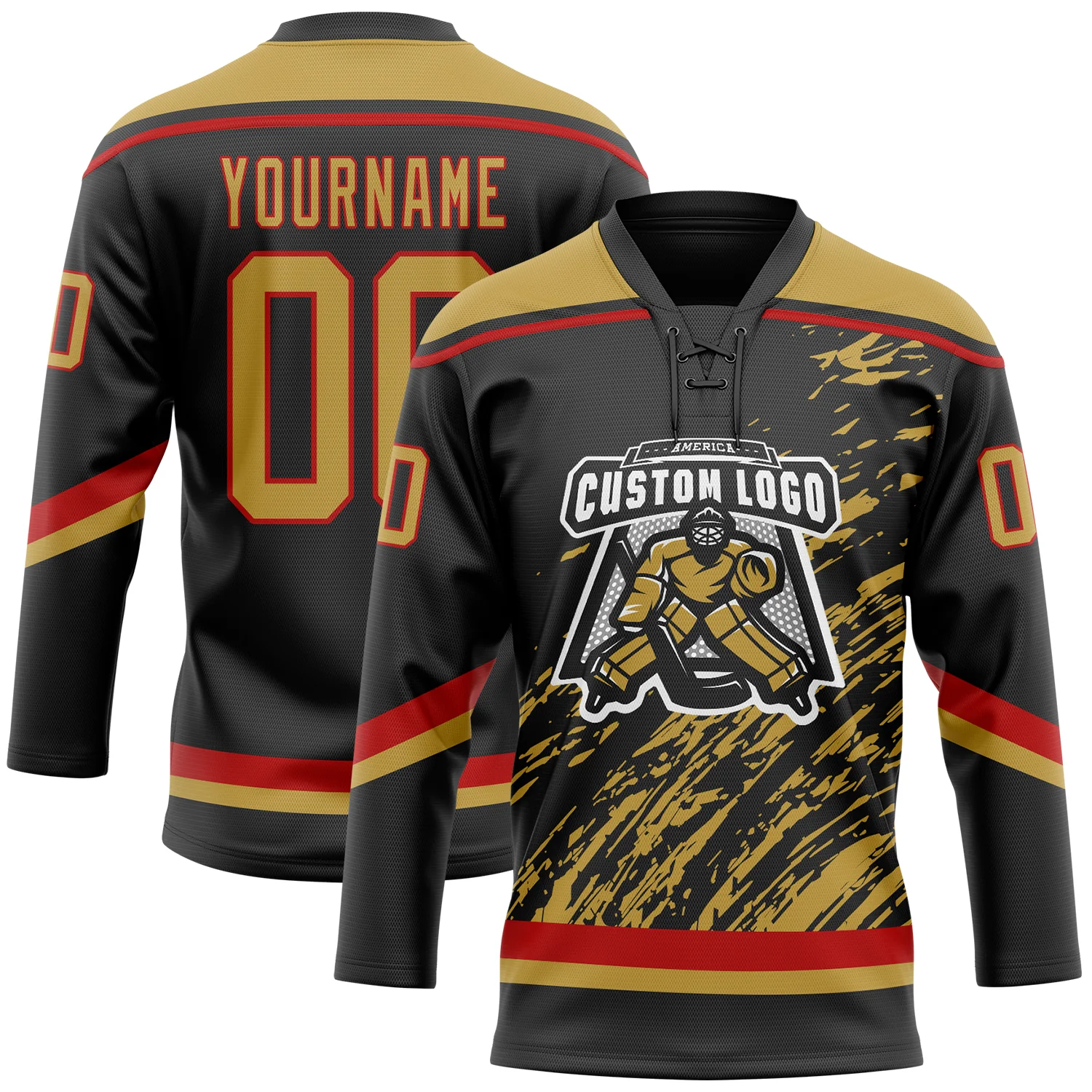 Custom Black Old Gold Red-White 3D Splash Art Hockey Lace Neck Jersey