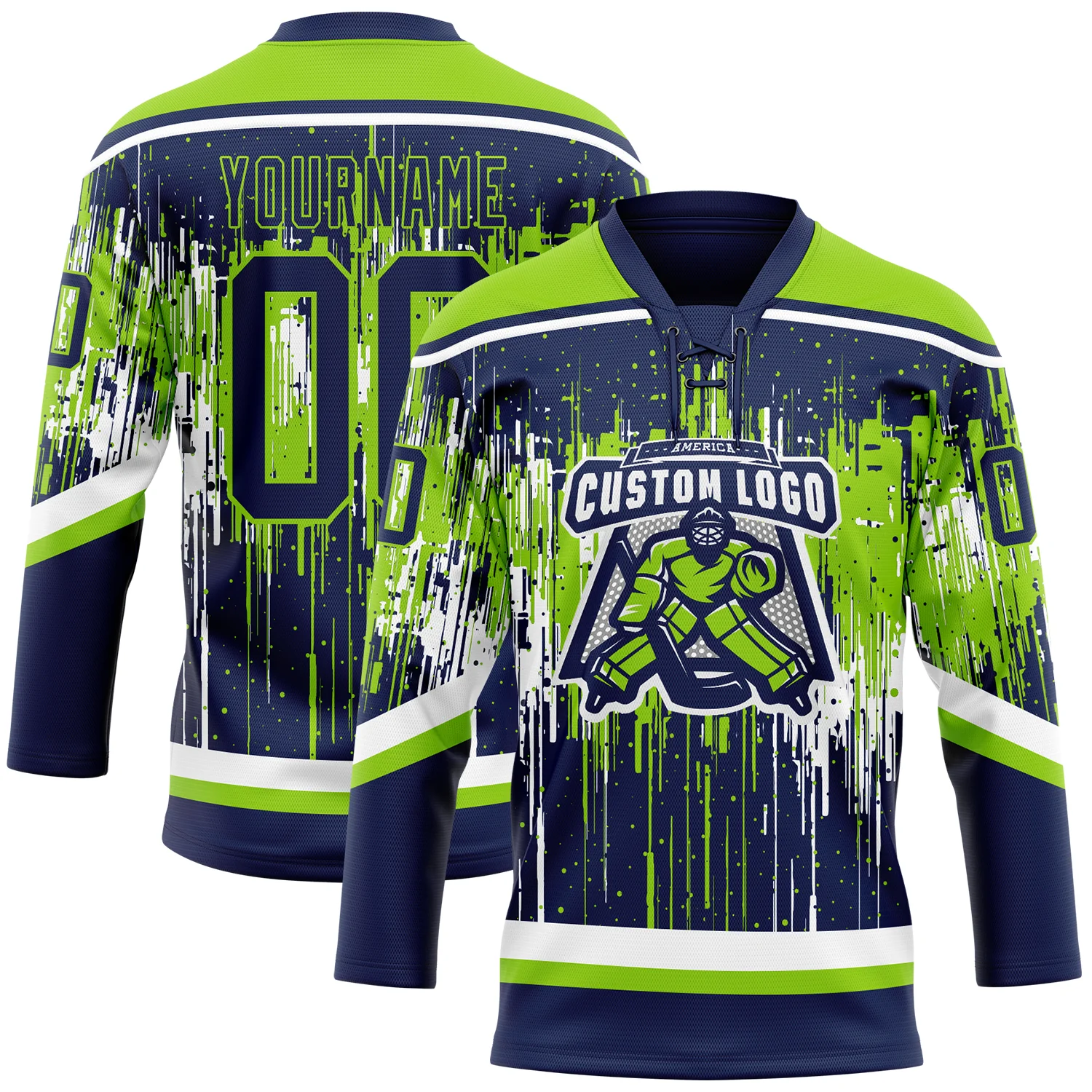 Custom Navy Neon Green-White 3D Pattern Dripping Splatter Hockey Lace Neck Jersey