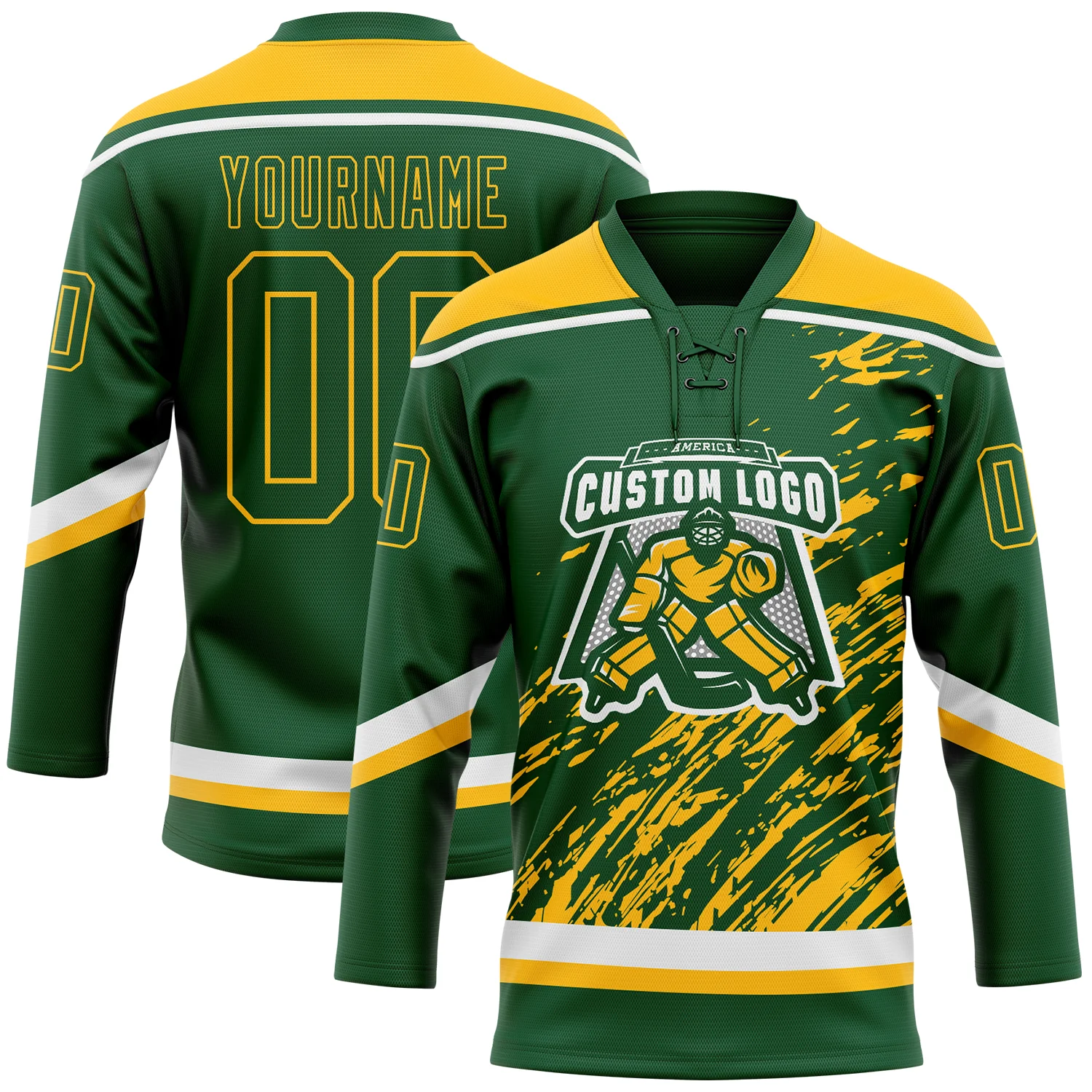 Custom Green Gold-White 3D Splash Art Hockey Lace Neck Jersey
