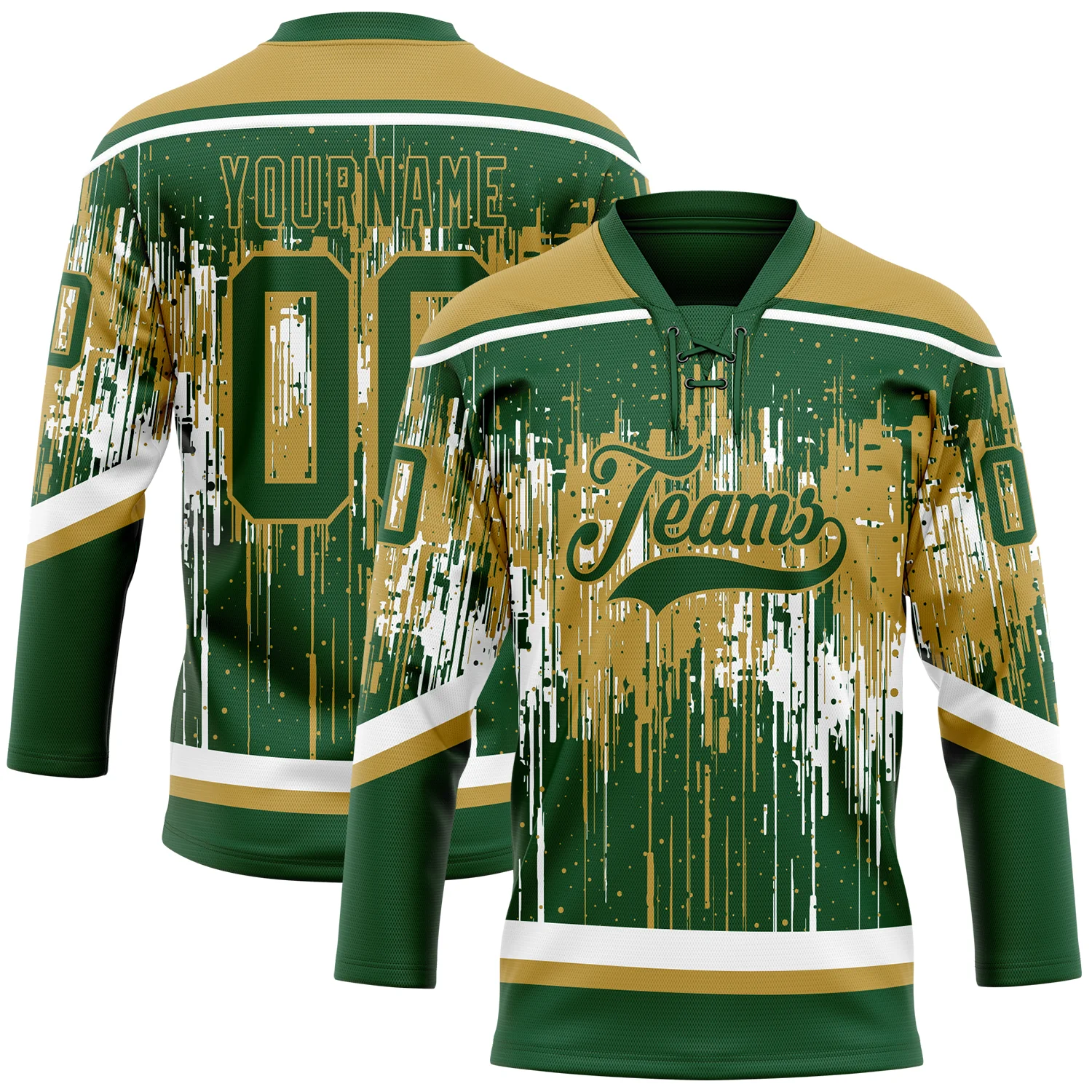 Custom Green Old Gold-White 3D Pattern Dripping Splatter Hockey Lace Neck Jersey