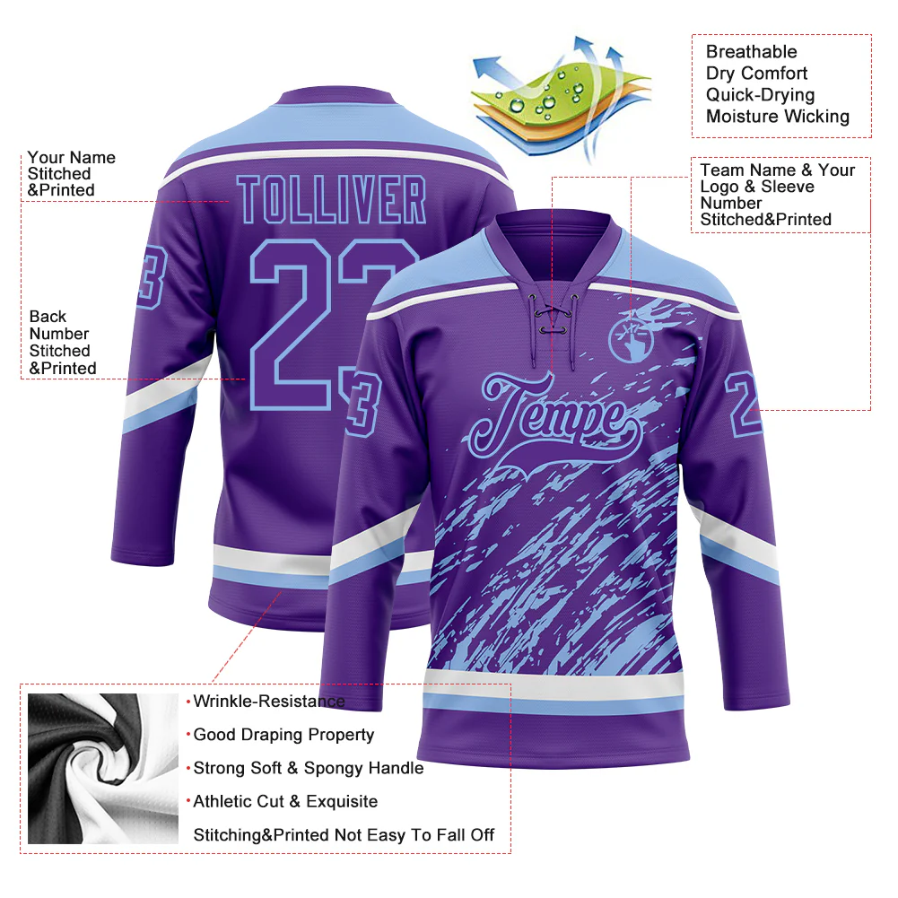 Custom Purple Light Blue-White 3D Splash Art Hockey Lace Neck Jersey