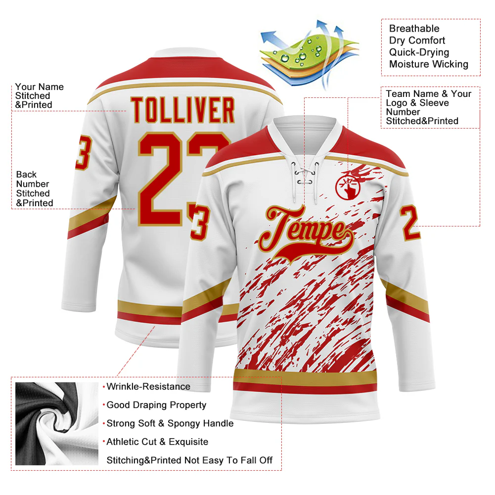 Custom White Red-Old Gold 3D Splash Art Hockey Lace Neck Jersey