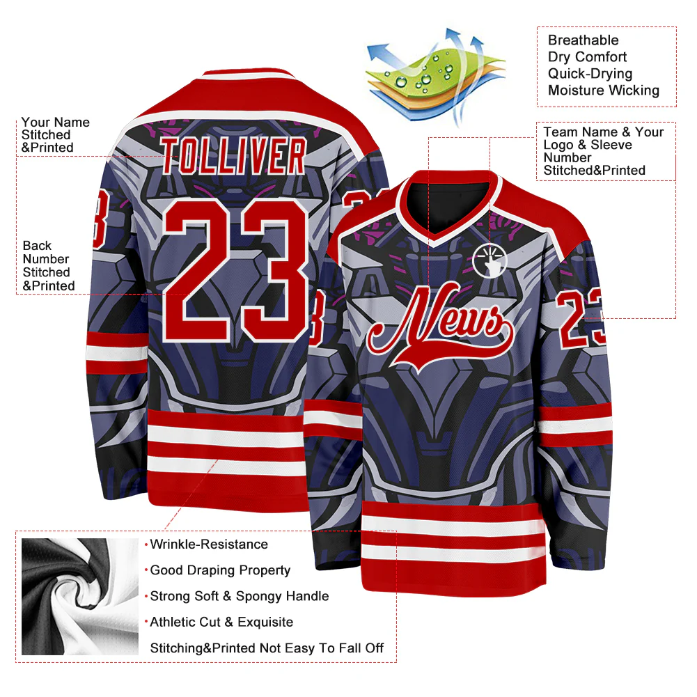 Custom Red Blue Black Purple-White 3D Pattern Cyber Mecha E-sport Hockey Jersey