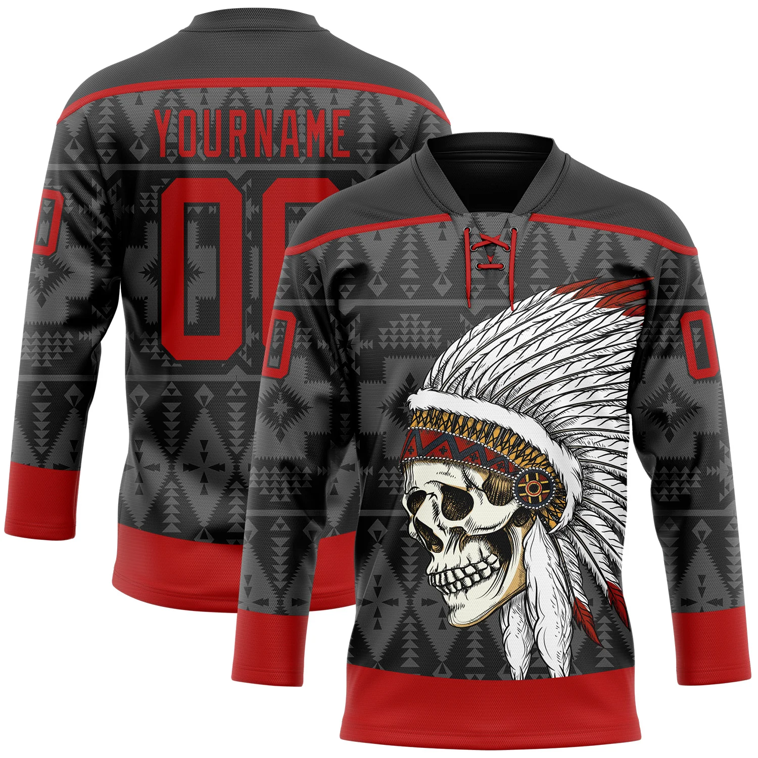 Custom Black Red 3D Pattern Native Americans Tribal Indigenous People Hockey Lace Neck Jersey