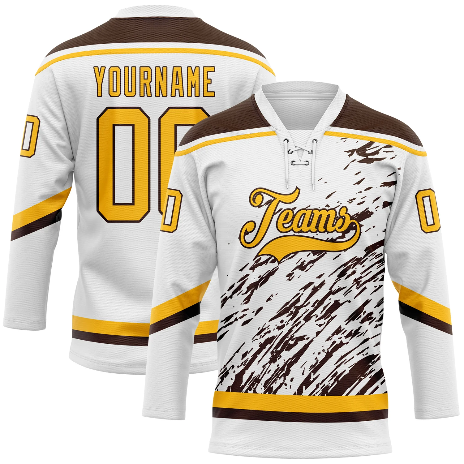 Custom White Gold-Brown 3D Splash Art Hockey Lace Neck Jersey