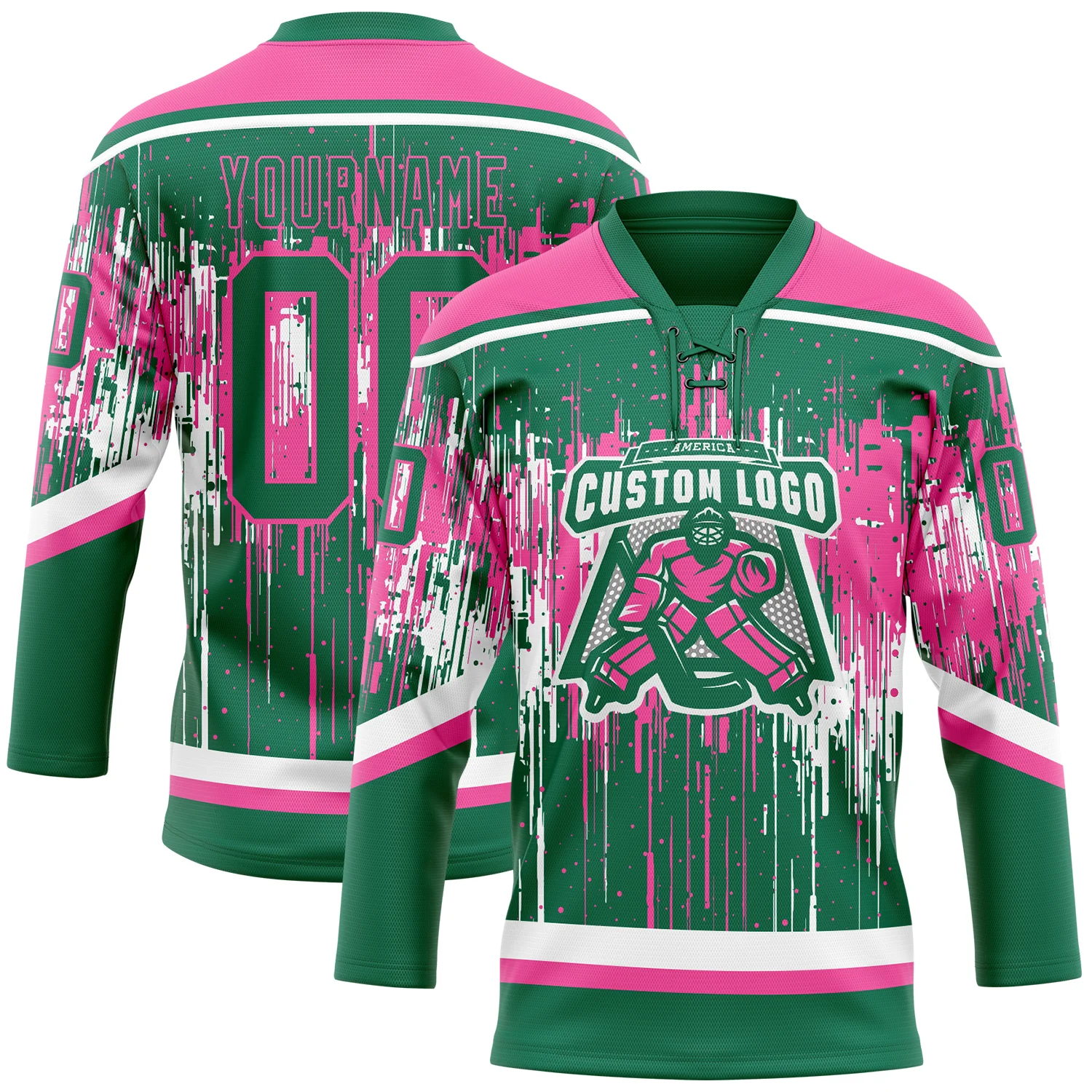 Custom Kelly Green Pink-White 3D Pattern Dripping Splatter Hockey Lace Neck Jersey