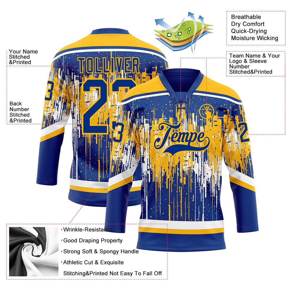 Custom Royal Gold-White 3D Pattern Dripping Splatter Hockey Lace Neck Jersey