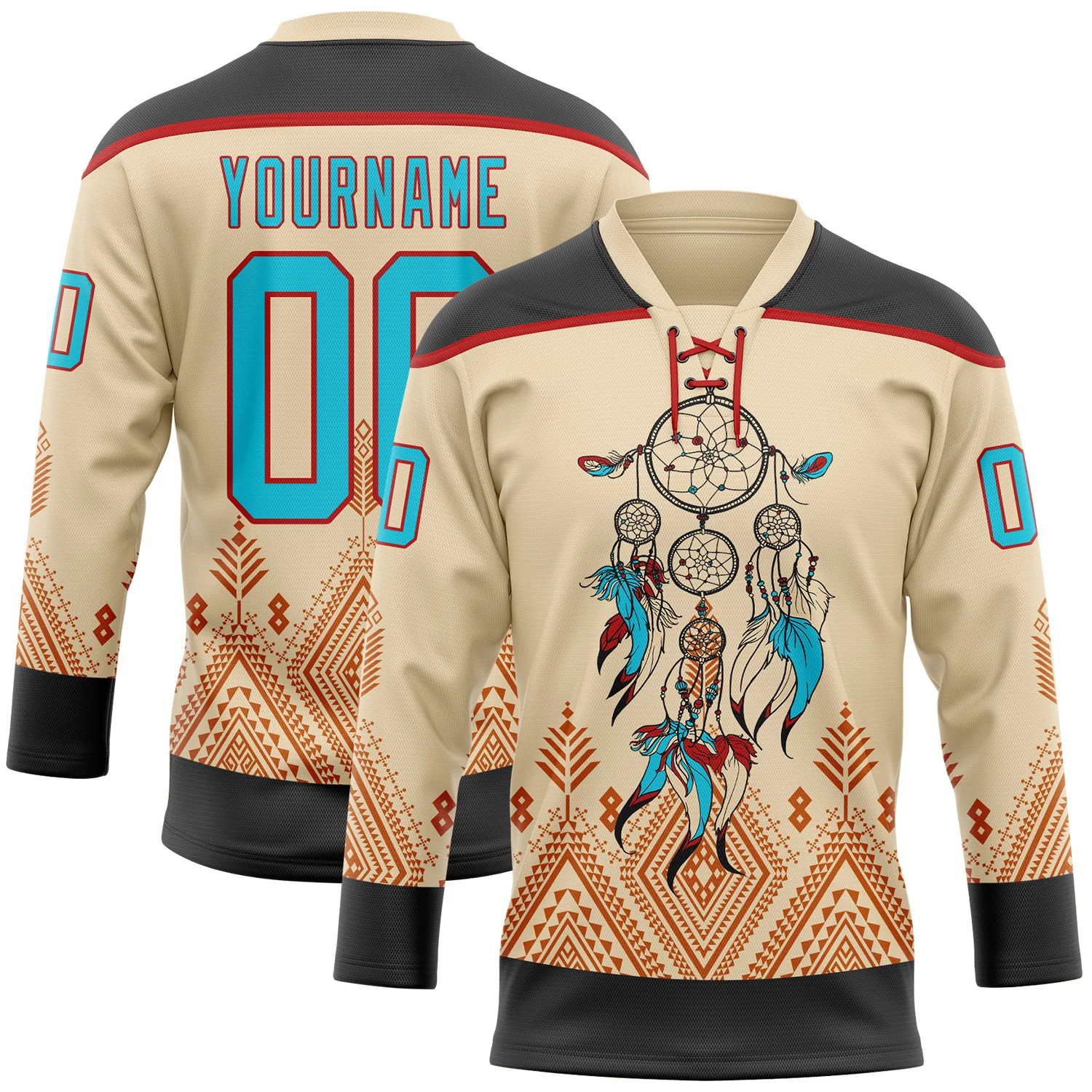 Custom City Cream Lakes Blue Black-Red 3D Pattern Native Americans Tribal Indigenous People Hockey Lace Neck Jersey