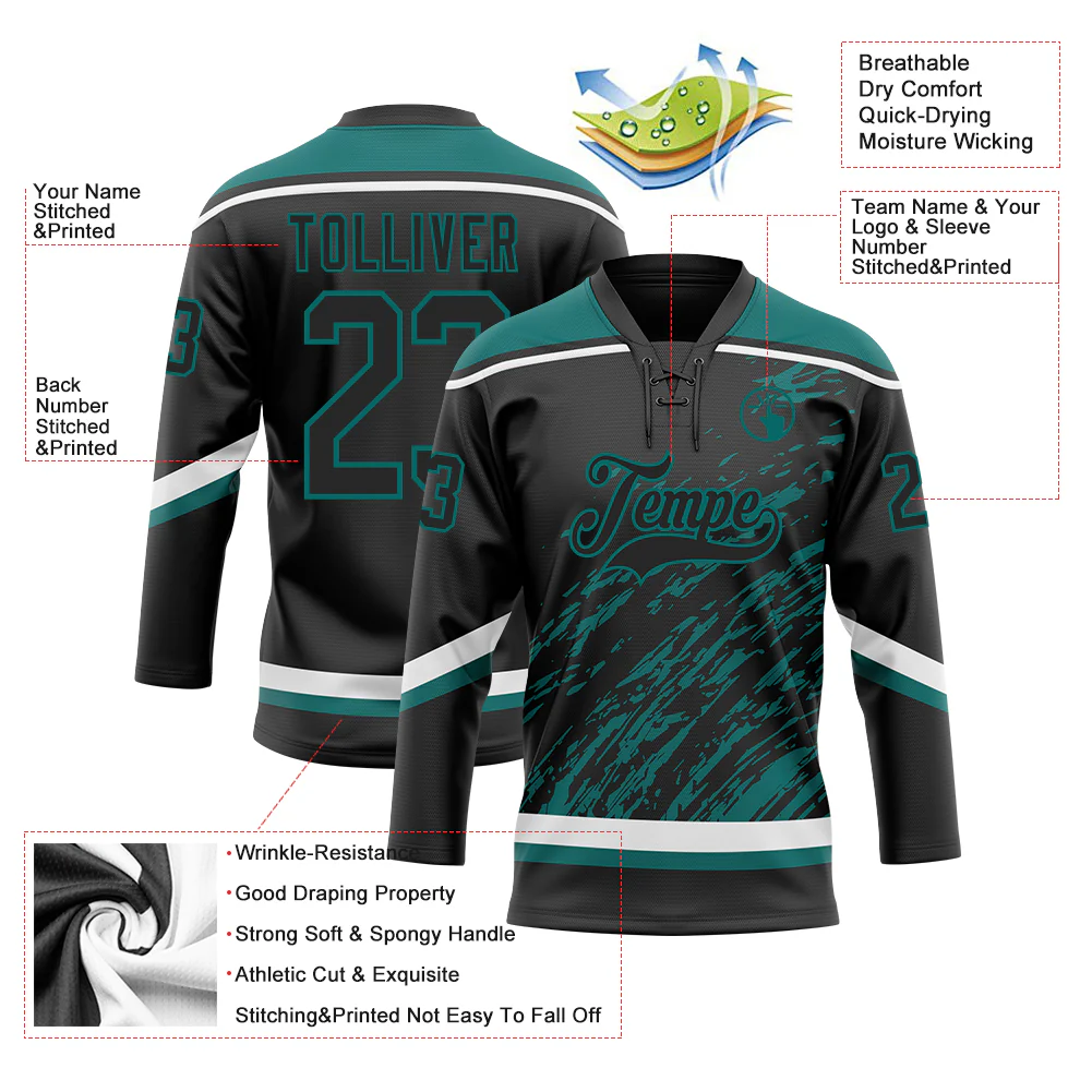 Custom Black Teal-White 3D Splash Art Hockey Lace Neck Jersey