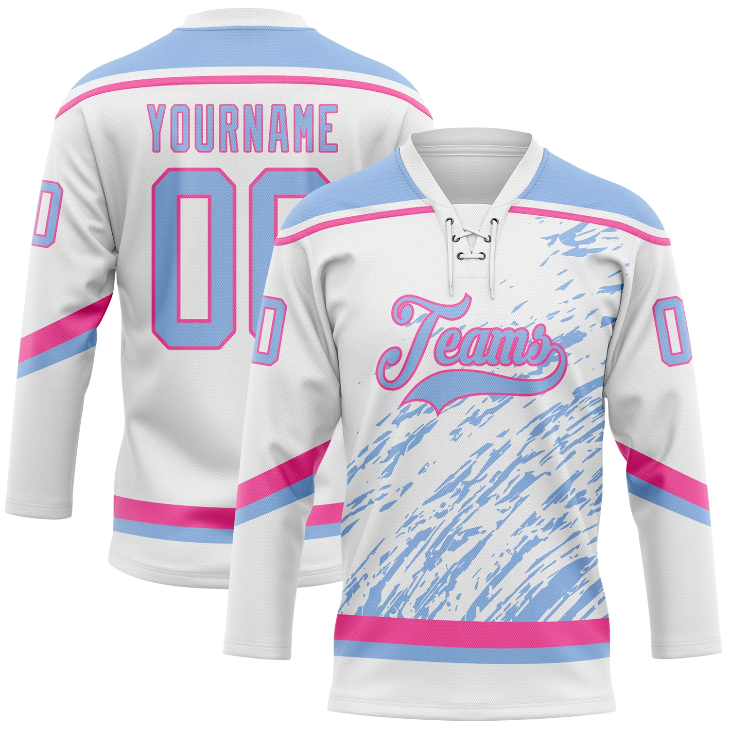 Custom White Light Blue-Pink 3D Splash Art Hockey Lace Neck Jersey
