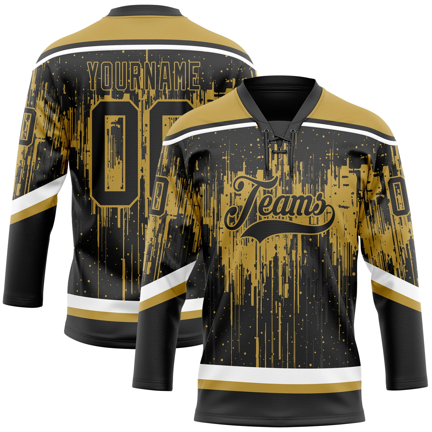 Custom Black Old Gold Steel Gray-White 3D Pattern Dripping Splatter Hockey Lace Neck Jersey