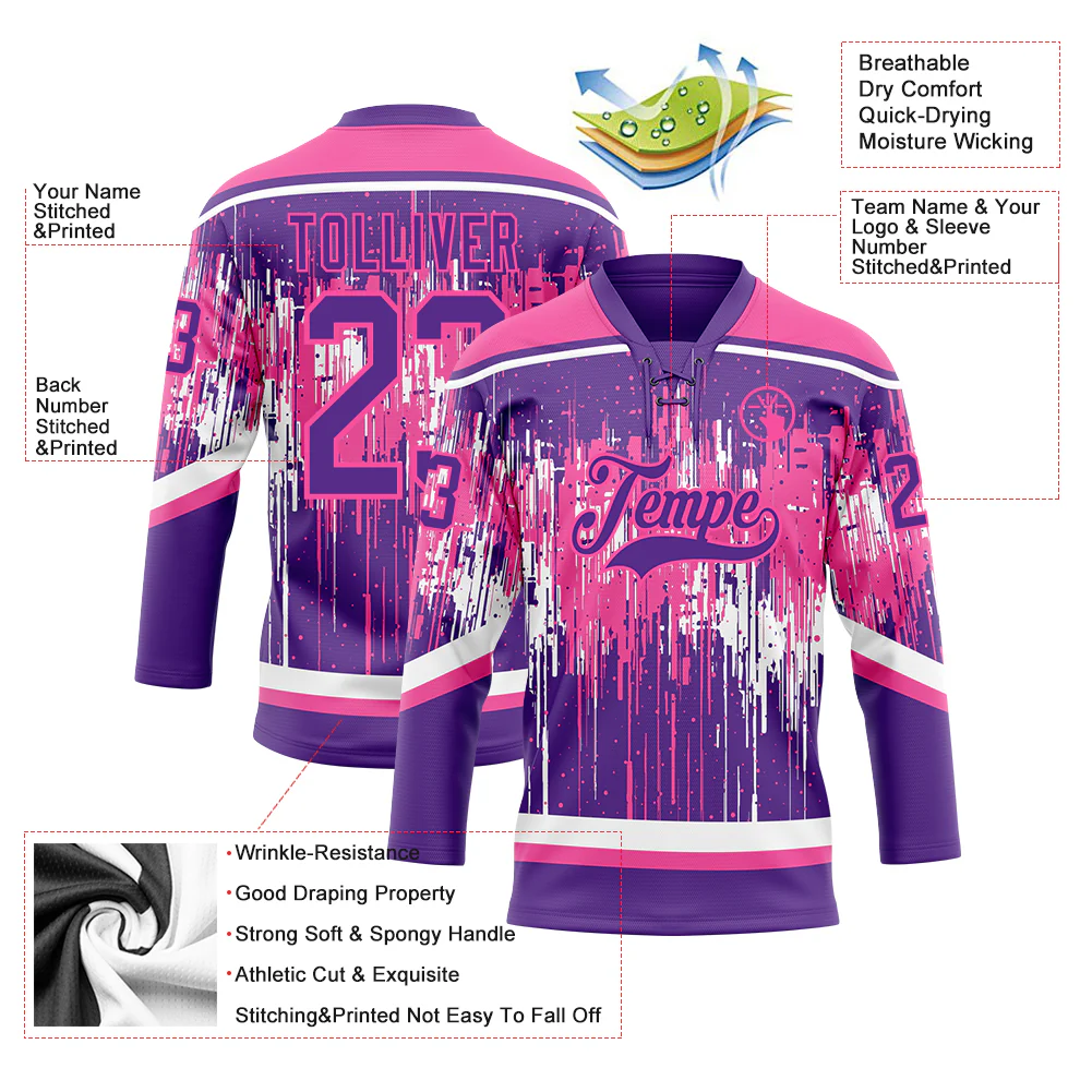Custom Purple Pink-White 3D Pattern Dripping Splatter Hockey Lace Neck Jersey